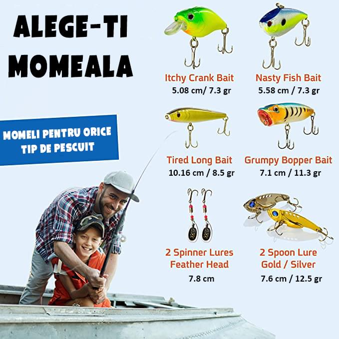 Set pescuit cu 122 piese momeli, voblere,  geanta de transport compartimentata, rezistenta la apa, onuvio®
