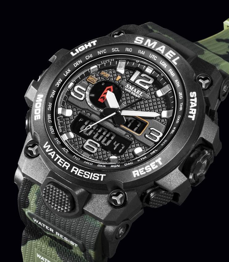 Ceas sport pentru barbati onuvio camo military, cronograf, iluminare led de fundal, dual time zone - green camo