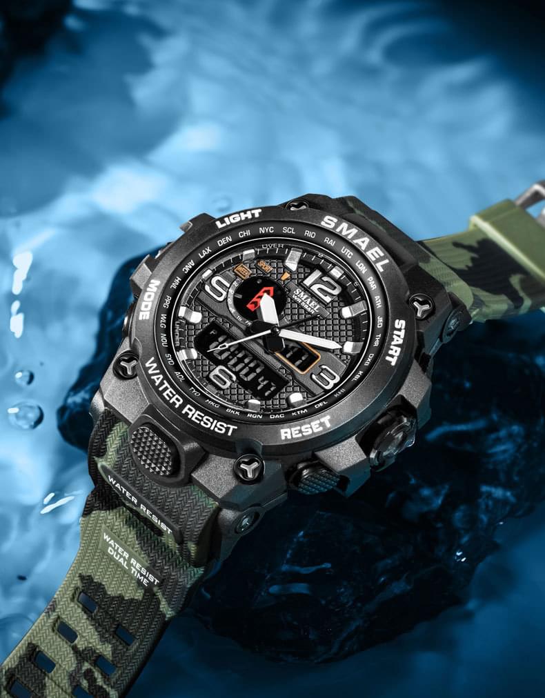 Ceas sport pentru barbati onuvio camo military, cronograf, iluminare led de fundal, dual time zone - green camo