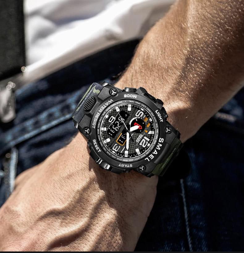 Ceas sport pentru barbati onuvio camo military, cronograf, iluminare led de fundal, dual time zone - green camo