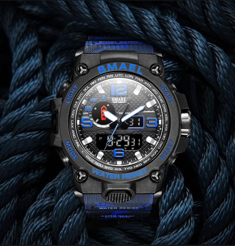 Ceas sport pentru barbati onuvio camo military, cronograf, iluminare led de fundal, dual time zone - albastru