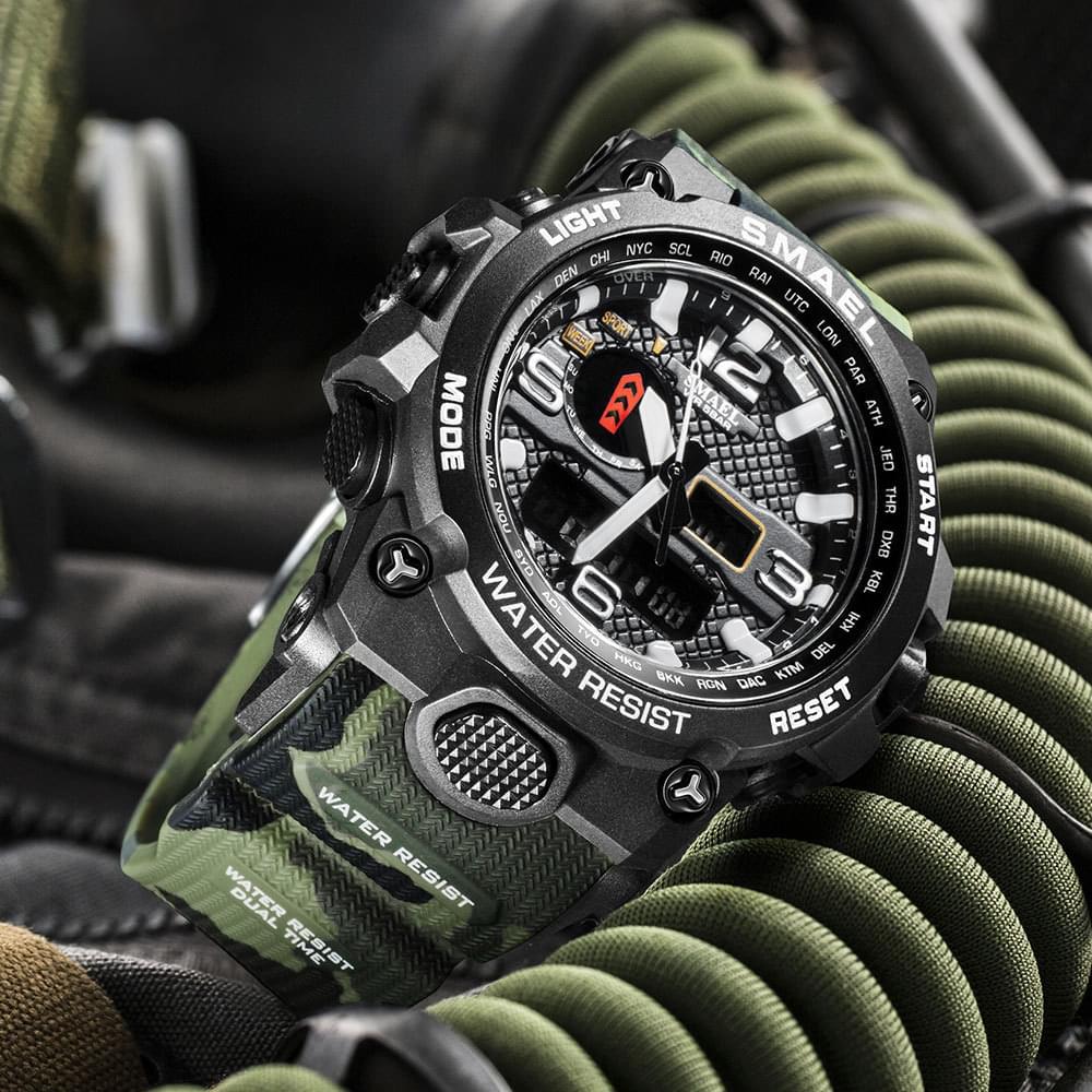 Ceas sport pentru barbati onuvio camo military, cronograf, iluminare led de fundal, dual time zone - green camo