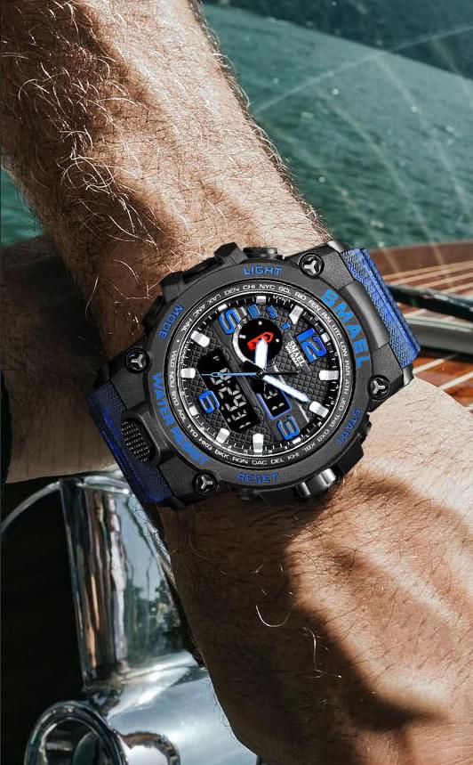 Ceas sport pentru barbati onuvio camo military, cronograf, iluminare led de fundal, dual time zone - albastru