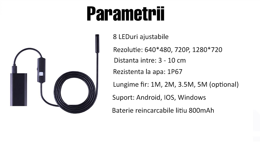 Camera wireless tip endoscop cu 8 led-uri si lumina reglabila, 5 metri, rezistenta la apa,  onuvio® 