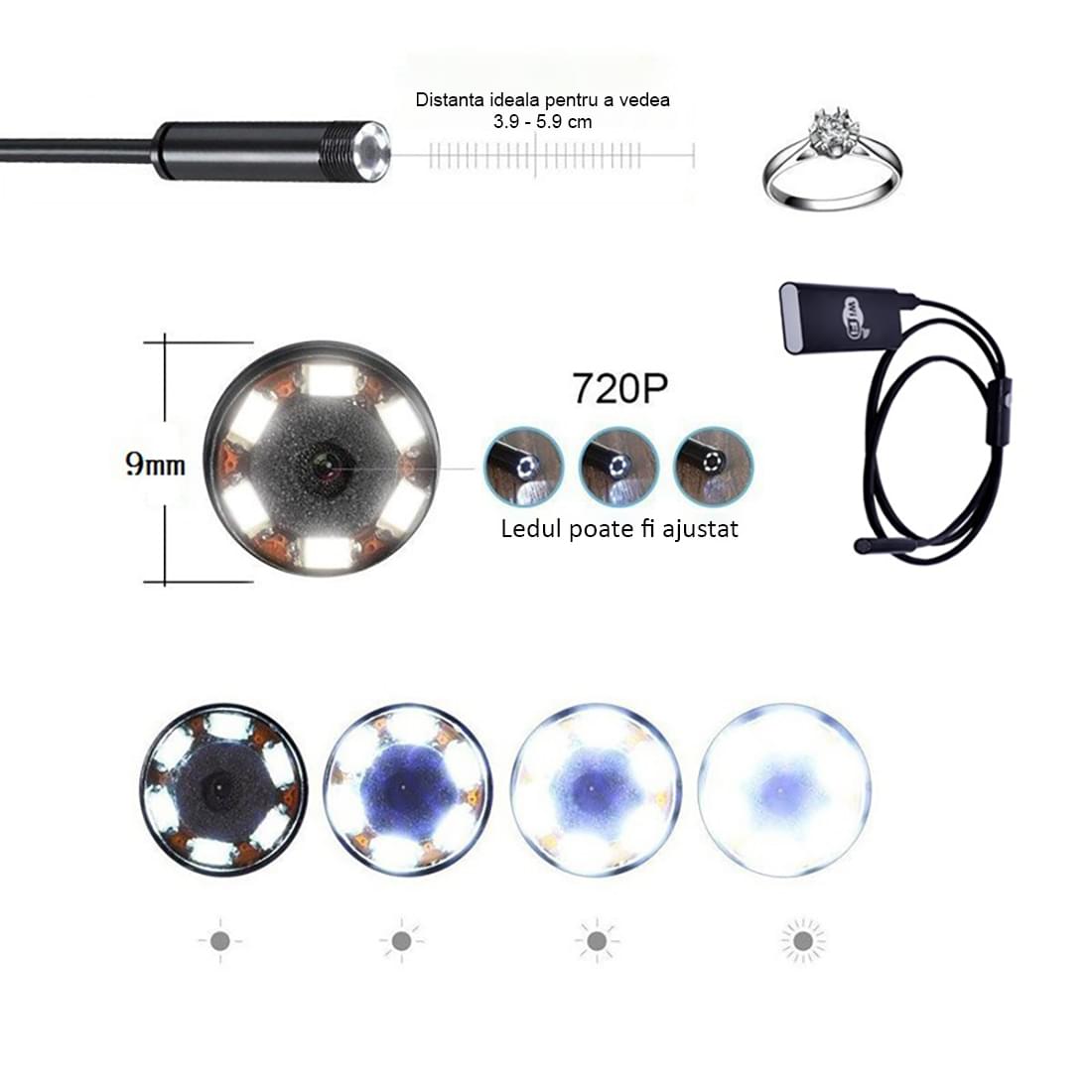 Camera wireless tip endoscop cu 8 led-uri si lumina reglabila, 5 metri, rezistenta la apa,  onuvio® 