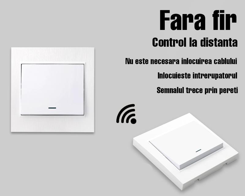 Intrerupator alb on/off, cu emitator si receptor, fara fir, cap scara, pentru casa si birou onuvio® 