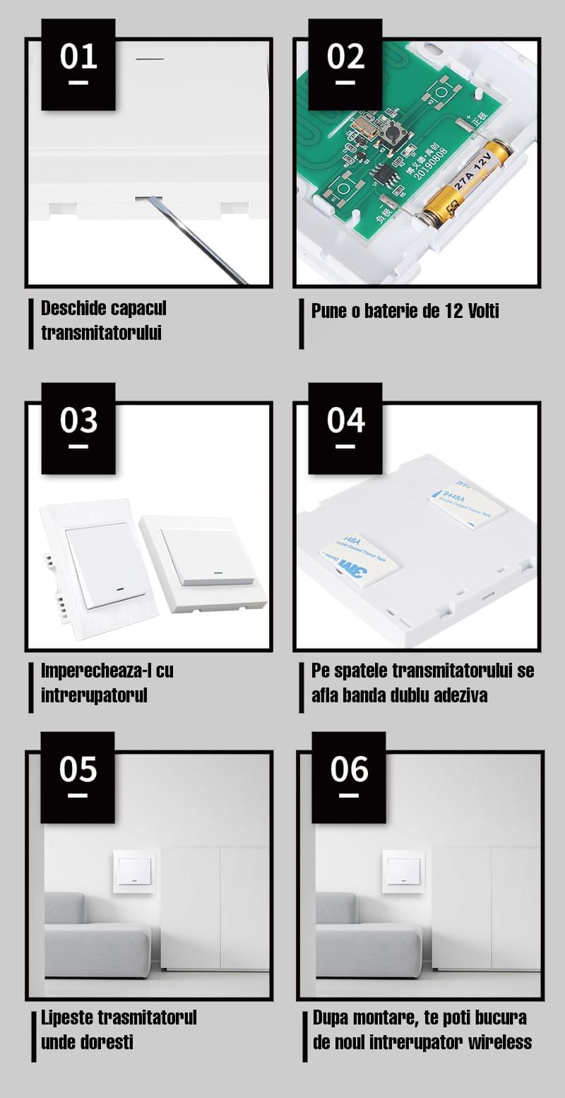 Intrerupator alb on/off, cu emitator si receptor, fara fir, cap scara, pentru casa si birou onuvio® 