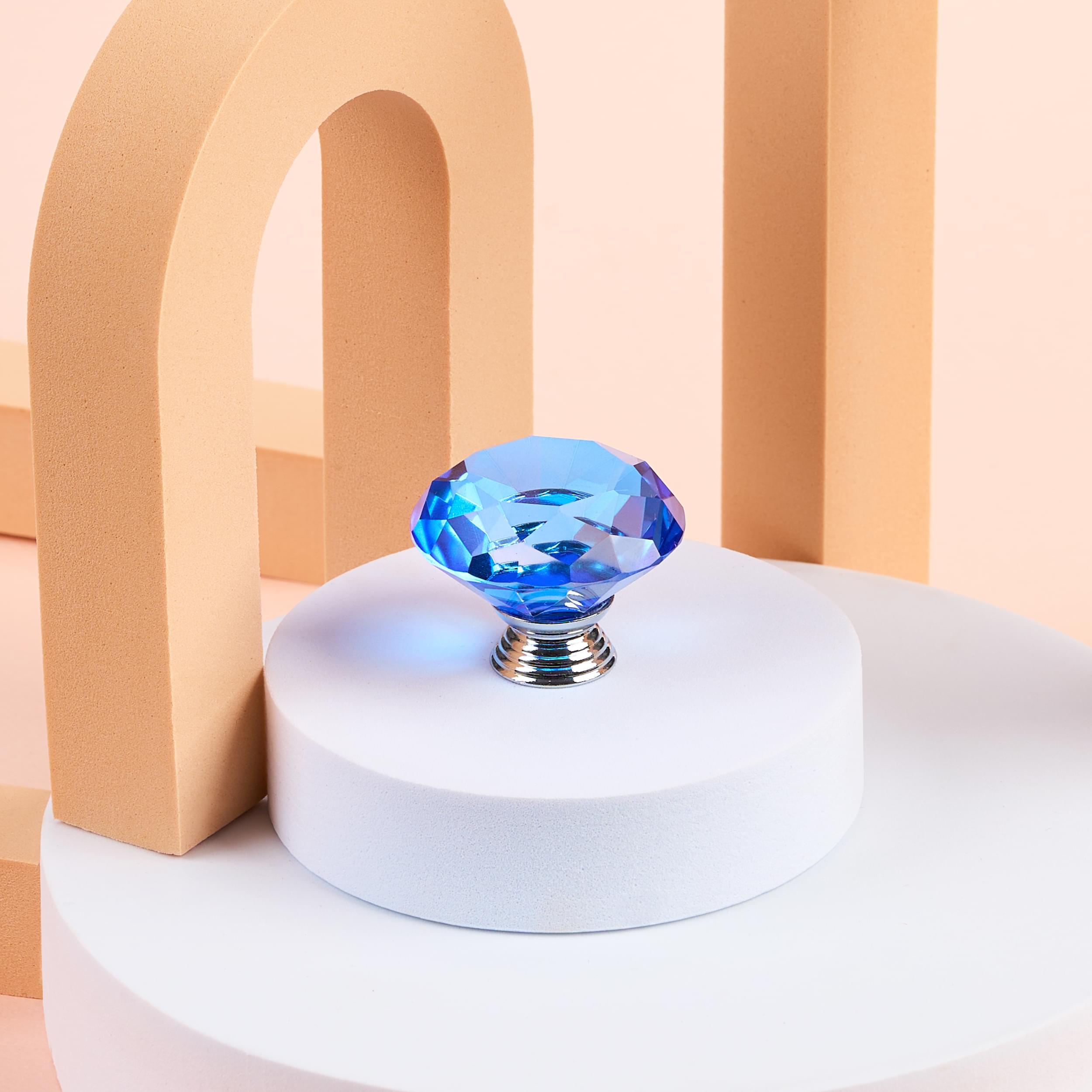 Buton maner mobilier onuvio™, forma diamant, diamond cut luxury, cristal k9, diametru 40mm, baza aliaj zinc aluminiu - albastru