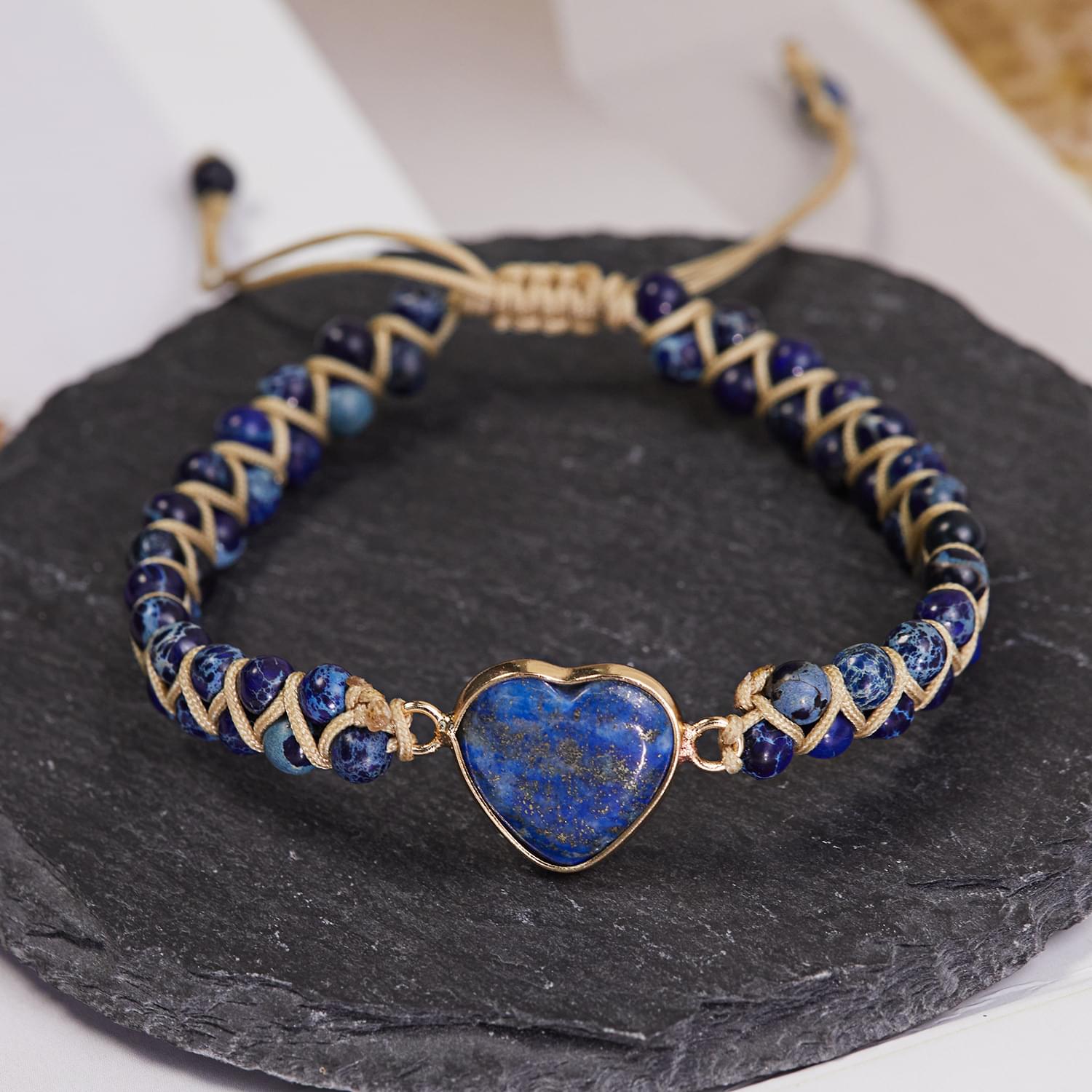 bratara energetica handmade double heart chakra, piatra naturala, reglabila, onuvio™ - albastru