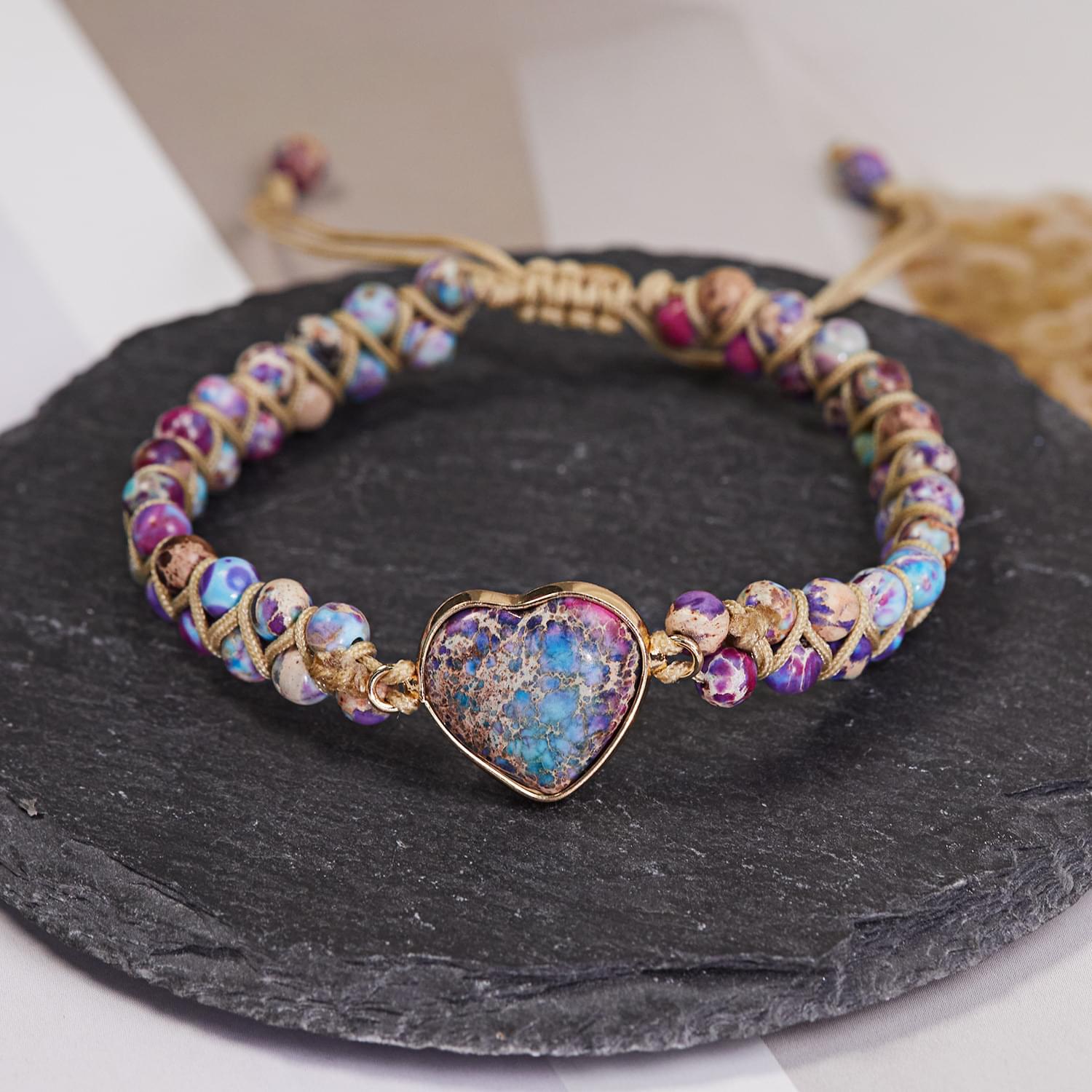  bratara energetica handmade double heart chakra, piatra naturala, reglabila, onuvio™ - lavanda