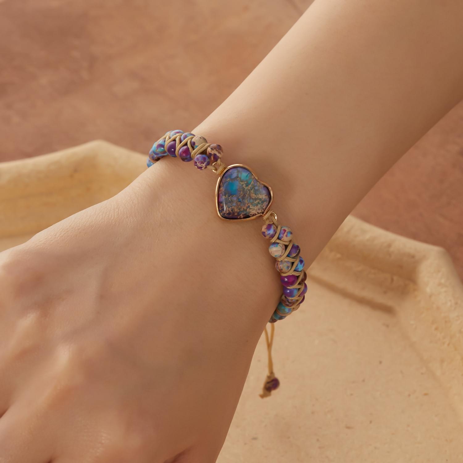  bratara energetica handmade double heart chakra, piatra naturala, reglabila, onuvio™ - lavanda