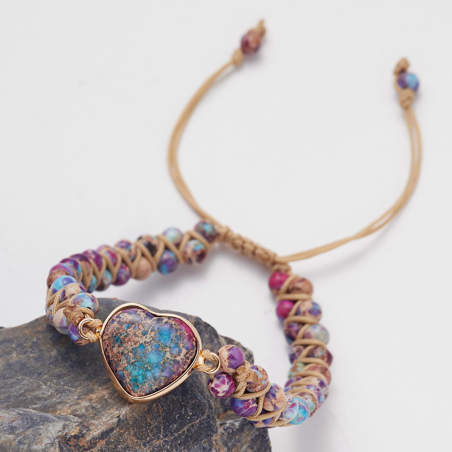  bratara energetica handmade double heart chakra, piatra naturala, reglabila, onuvio™ - lavanda