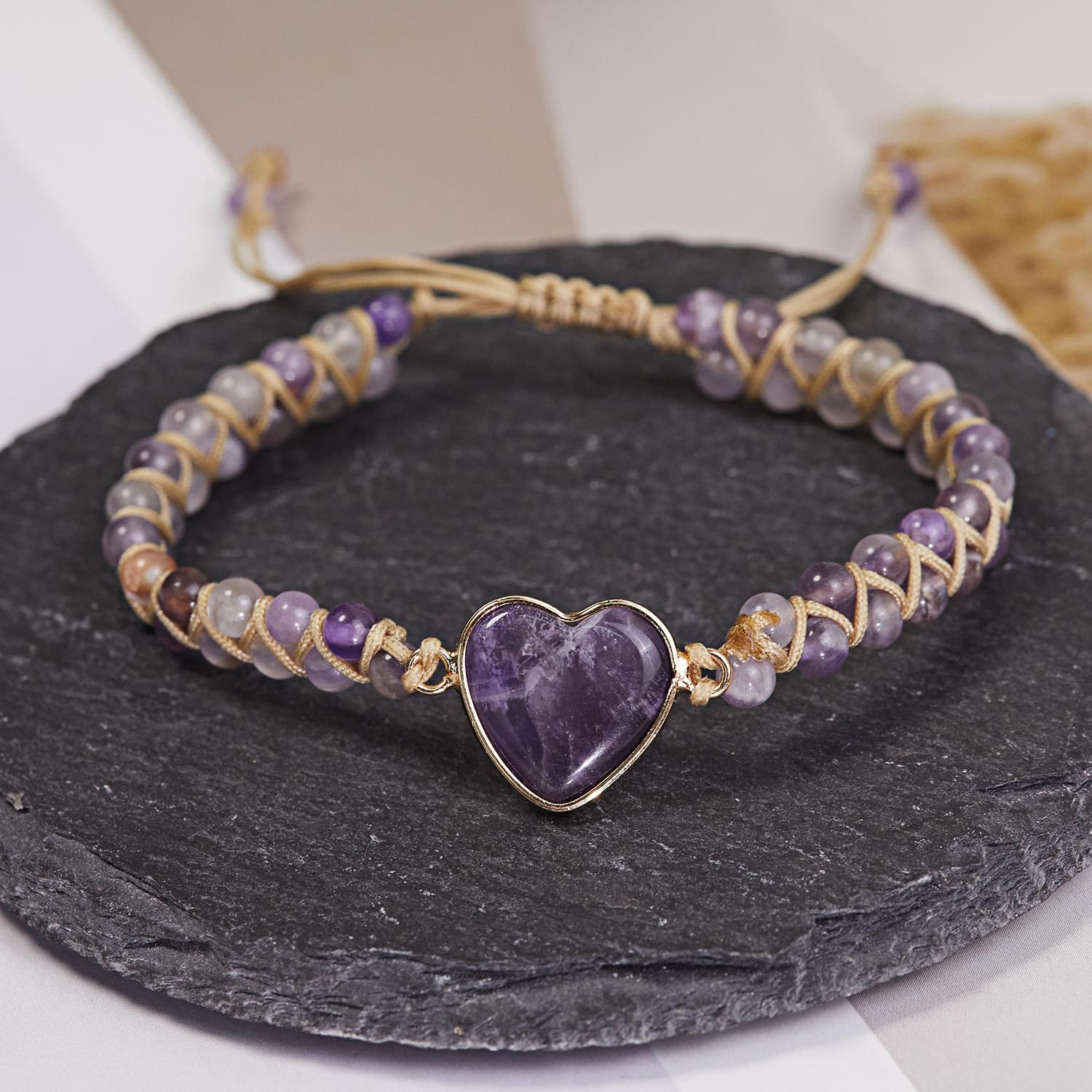  bratara energetica handmade double heart chakra, piatra naturala, reglabila, onuvio™ - mov
