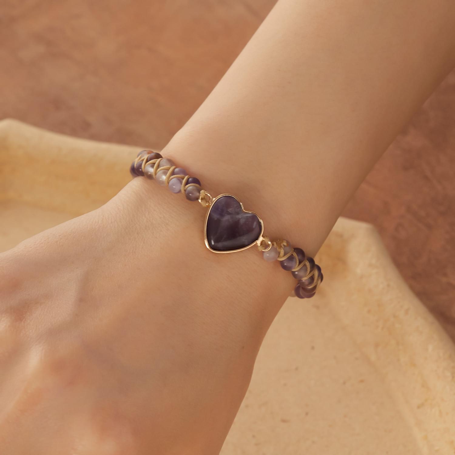 bratara energetica handmade double heart chakra, piatra naturala, reglabila, onuvio™ - mov