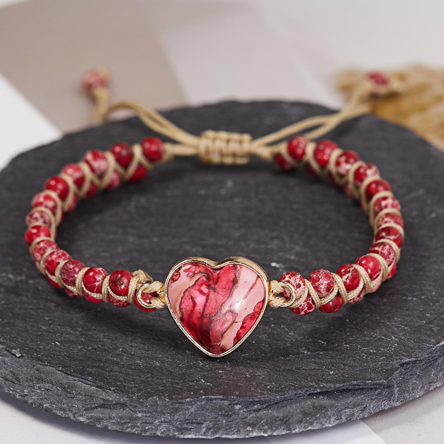  bratara energetica handmade double heart chakra, piatra naturala, reglabila, onuvio™ - rosu