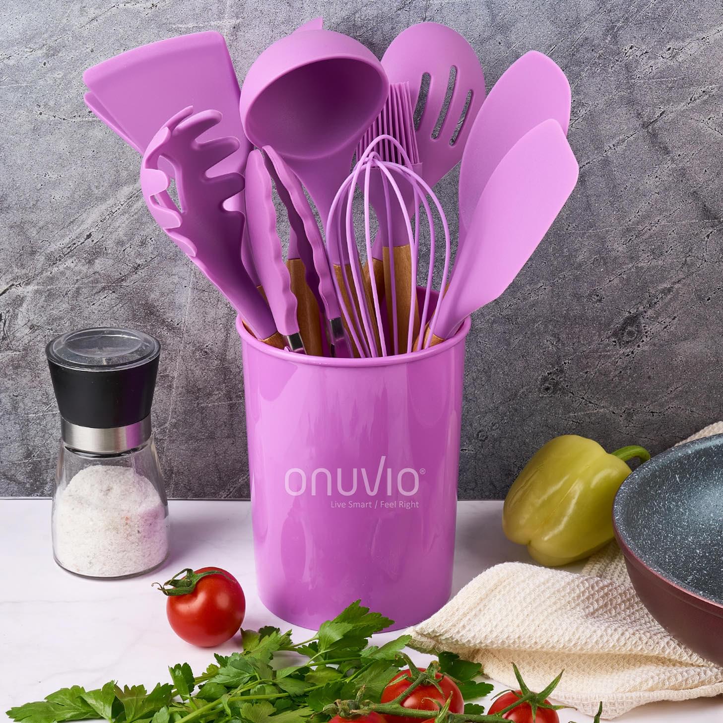 Set ustensile bucatarie 12 piese lemn si silicon alimentar, termorezistente, antiaderente, suport blat,  onuvio™ daria - mov