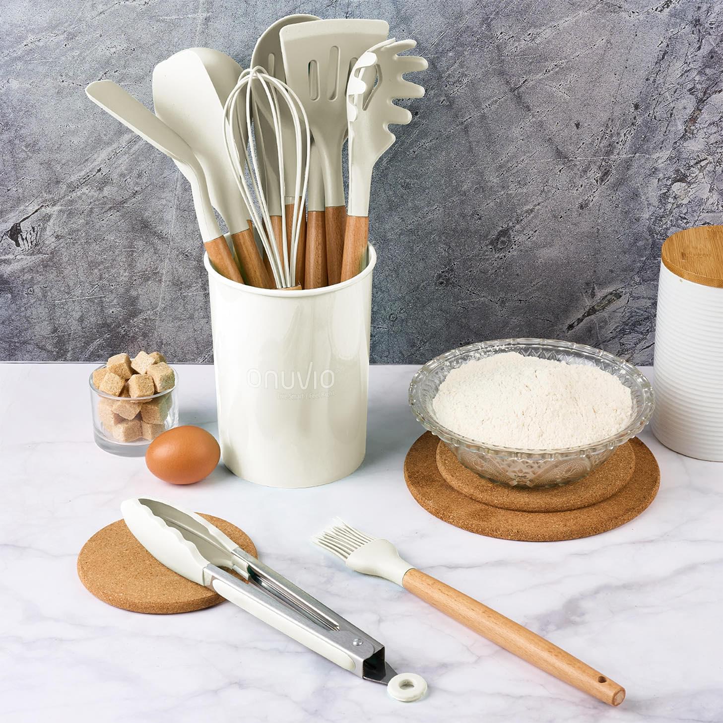 Set ustensile bucatarie 12 piese marime mare xl 1050g, lemn si silicon alimentar, termorezistente, antiaderente, suport blat,  onuvio™ daria - alb