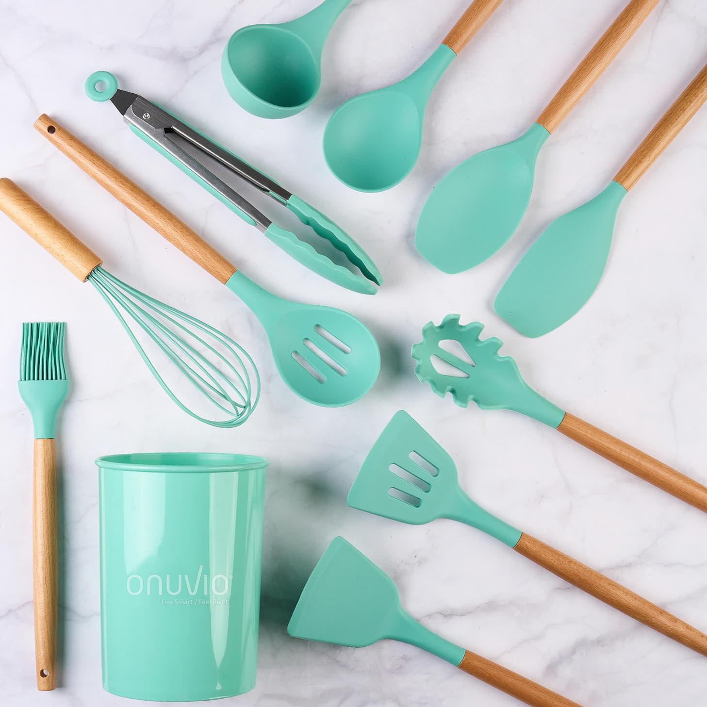 Set ustensile bucatarie 12 piese marime mare xl 1050g, lemn si silicon alimentar, termorezistente, antiaderente, suport blat,  onuvio™ daria - turcoaz