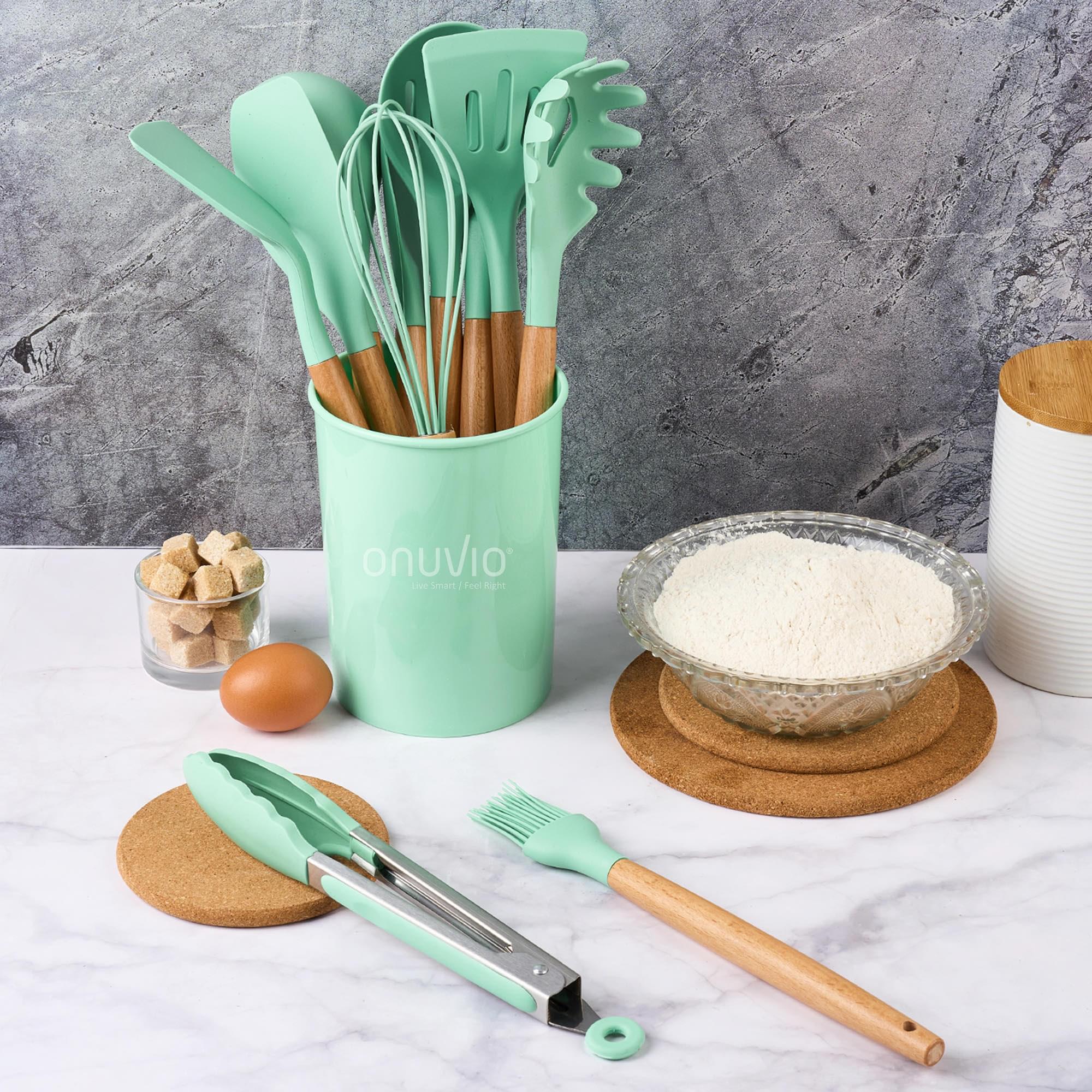 Set ustensile bucatarie 12 piese marime mare xl 1050g, lemn si silicon alimentar, termorezistente, antiaderente, suport blat,  onuvio™ daria - verde menta