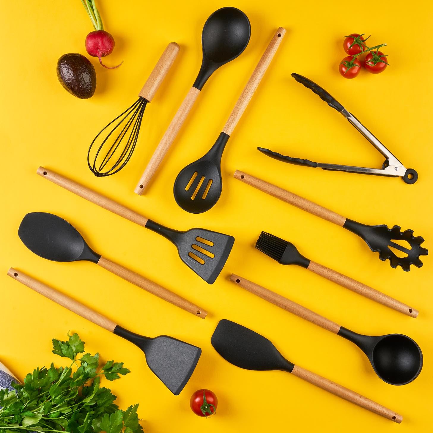 Set ustensile bucatarie 12 piese marime mare xl 1050g, lemn si silicon alimentar, termorezistente, antiaderente, suport blat,  onuvio™ daria - negru