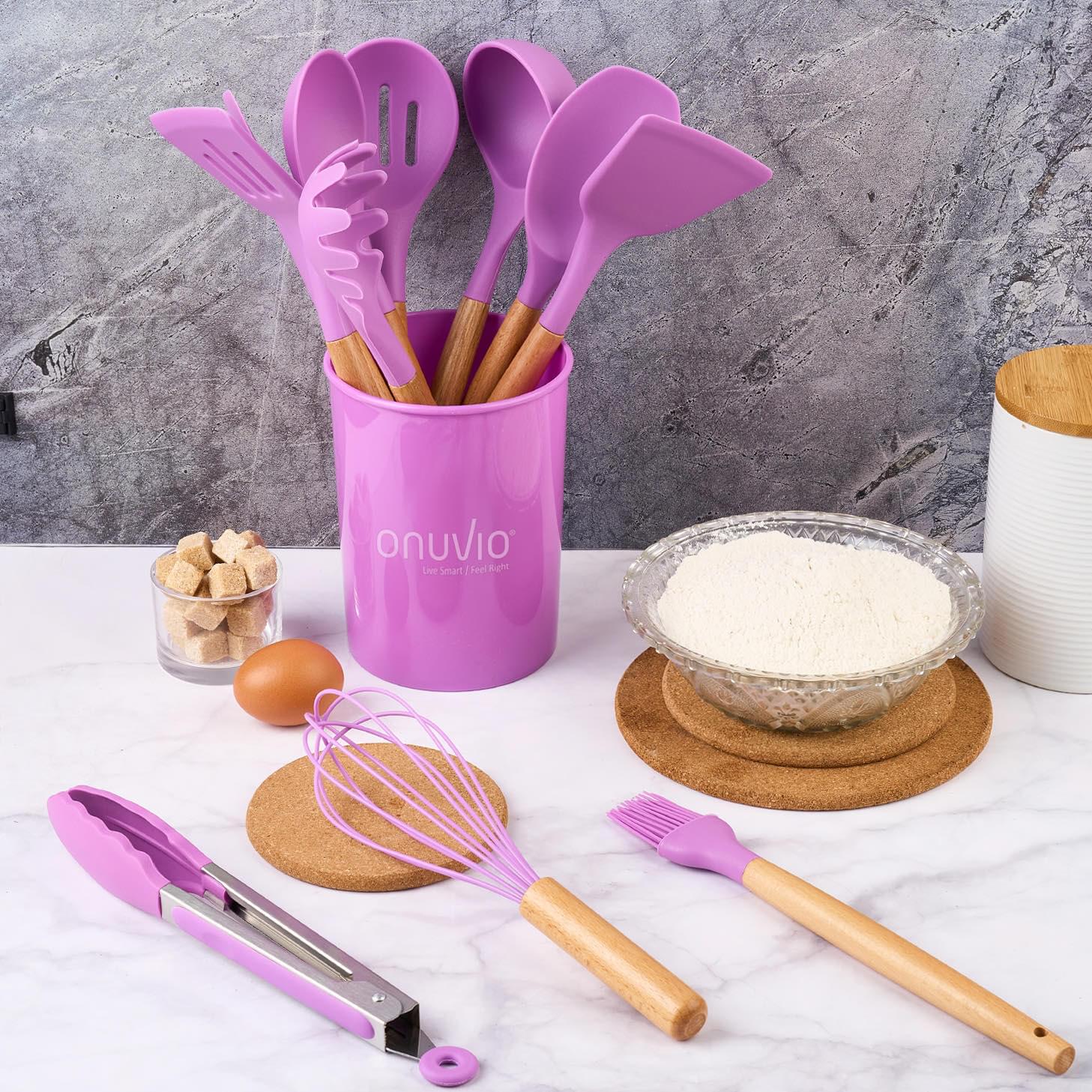 Set ustensile bucatarie 12 piese lemn si silicon alimentar, termorezistente, antiaderente, suport blat,  onuvio™ daria - mov
