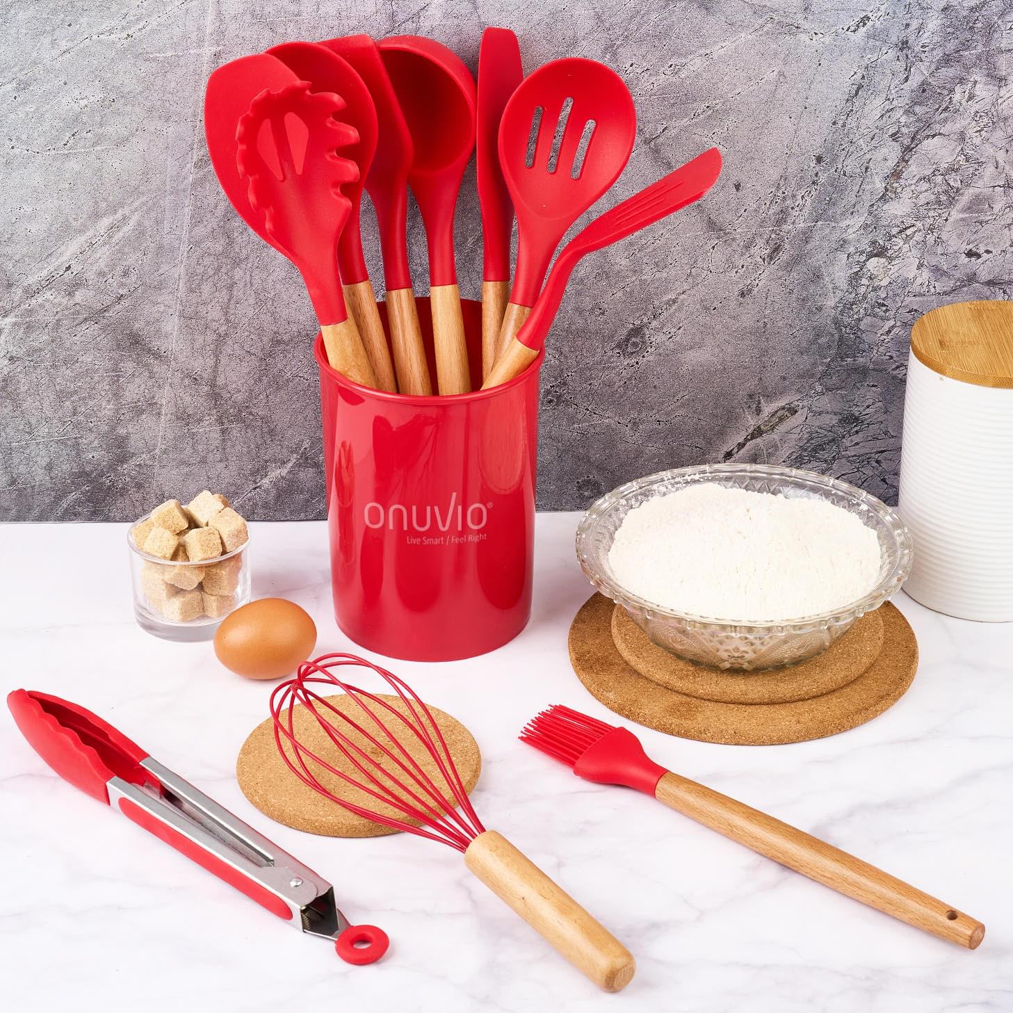 Set ustensile bucatarie 12 piese marime mare xl 1050g, lemn si silicon alimentar, termorezistente, antiaderente, suport blat,  onuvio™ daria - rosu