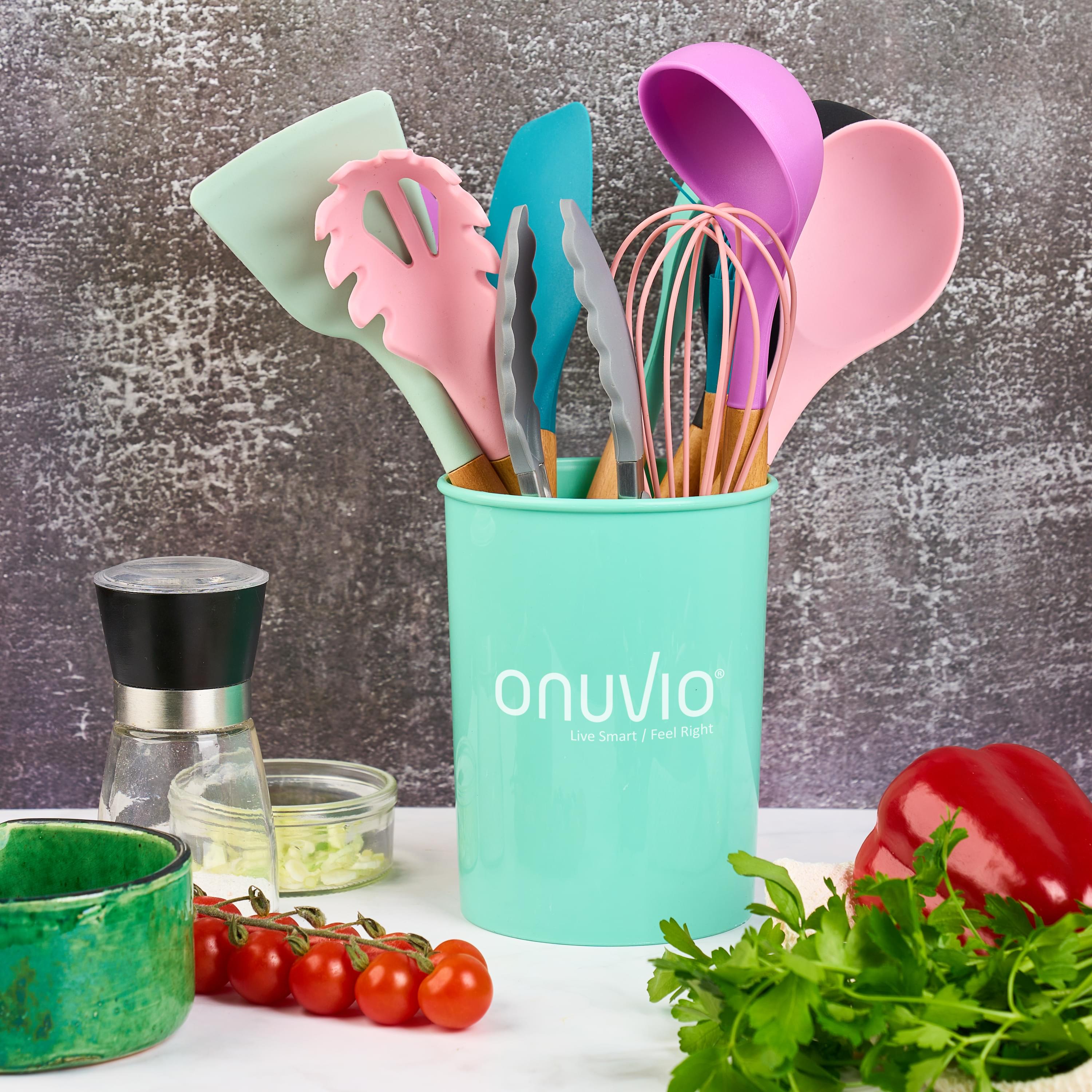 Set ustensile bucatarie 12 piese marime mare xl 1050g, lemn si silicon alimentar, termorezistente, antiaderente, suport blat,  onuvio™ daria - multicolor