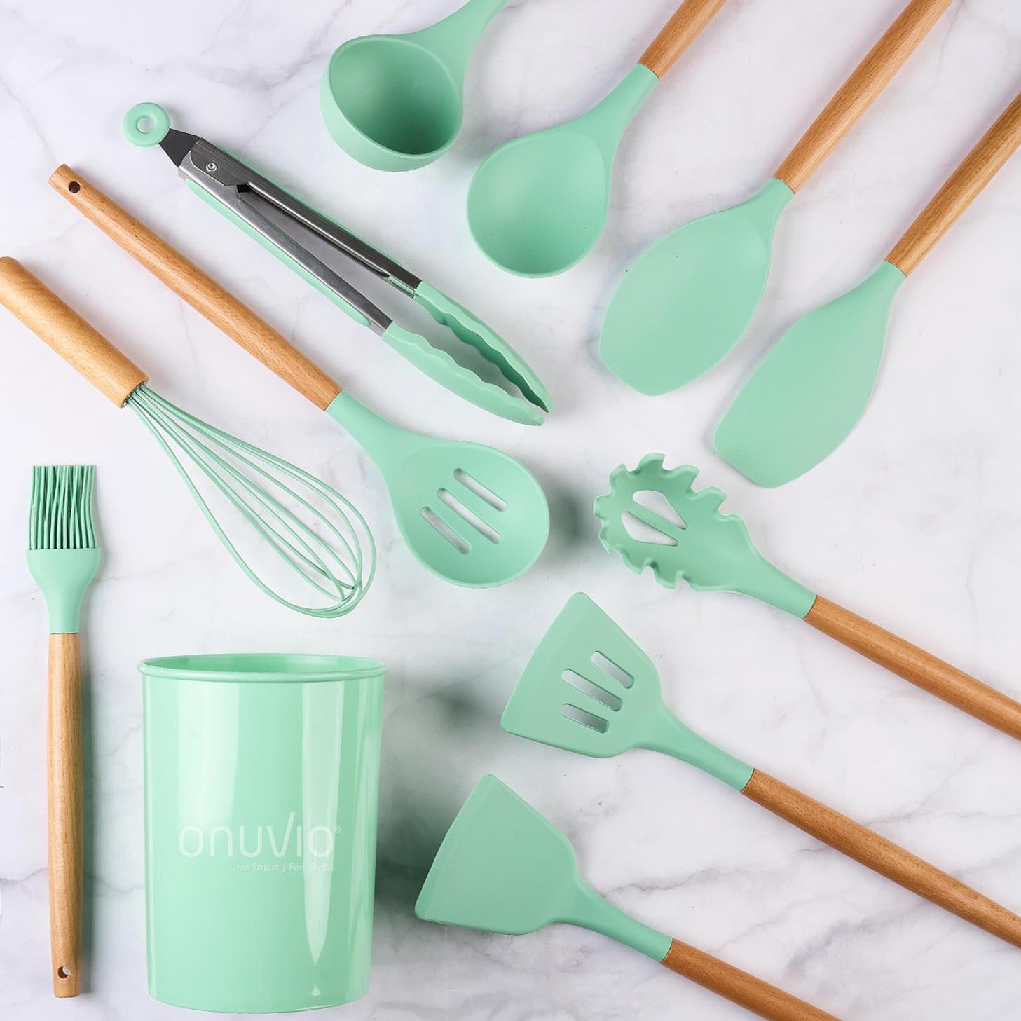 Set ustensile bucatarie 12 piese marime mare xl 1050g, lemn si silicon alimentar, termorezistente, antiaderente, suport blat,  onuvio™ daria - verde menta