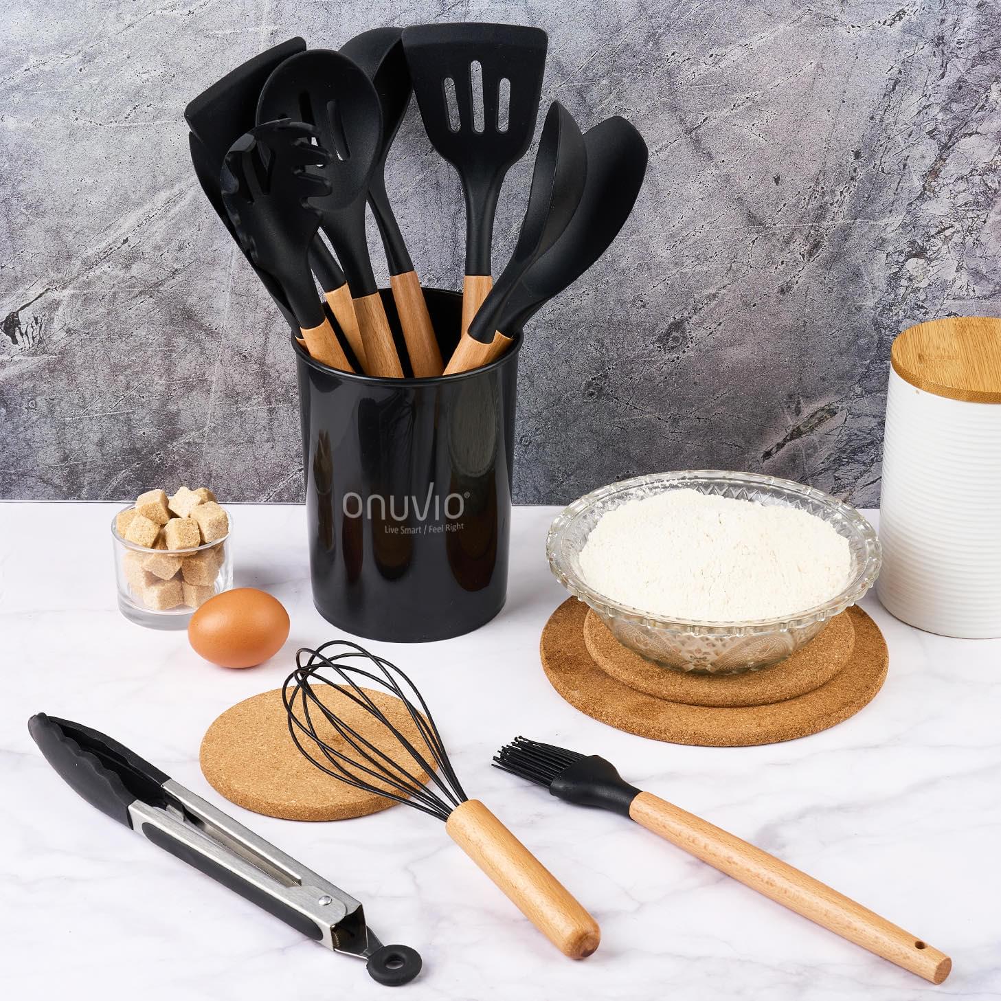 Set ustensile bucatarie 12 piese marime mare xl 1050g, lemn si silicon alimentar, termorezistente, antiaderente, suport blat,  onuvio™ daria - negru