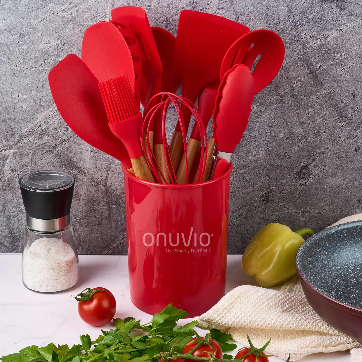 Set ustensile bucatarie 12 piese marime mare xl 1050g, lemn si silicon alimentar, termorezistente, antiaderente, suport blat,  onuvio™ daria - rosu
