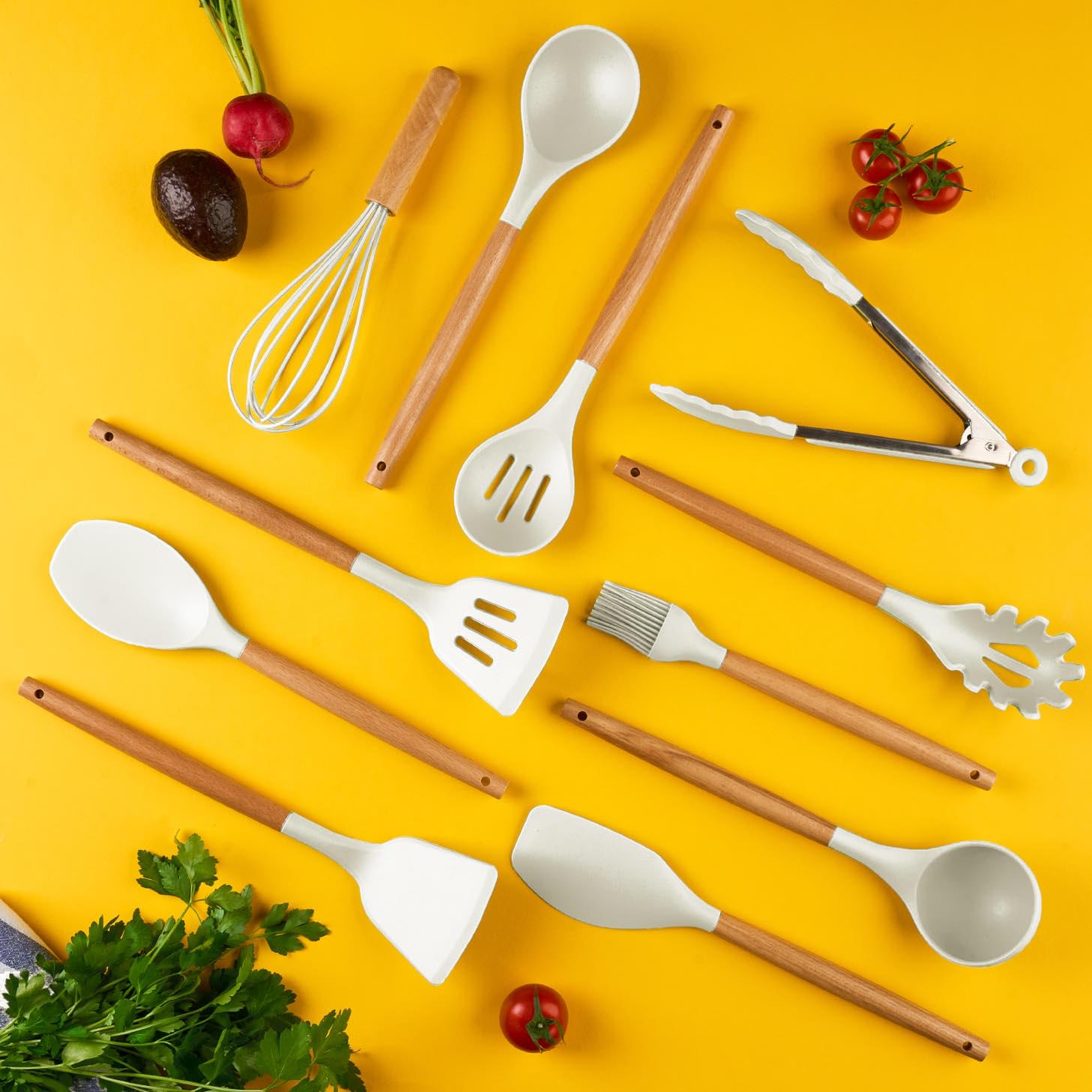 Set ustensile bucatarie 12 piese marime mare xl 1050g, lemn si silicon alimentar, termorezistente, antiaderente, suport blat,  onuvio™ daria - alb