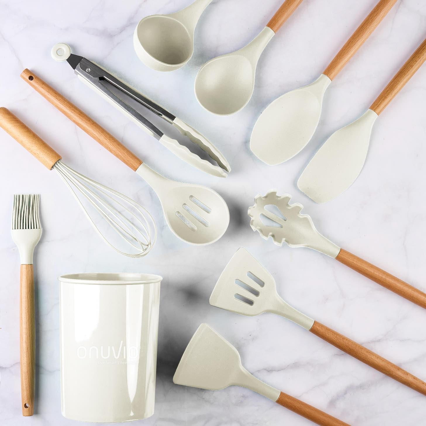 Set ustensile bucatarie 12 piese marime mare xl 1050g, lemn si silicon alimentar, termorezistente, antiaderente, suport blat,  onuvio™ daria - alb