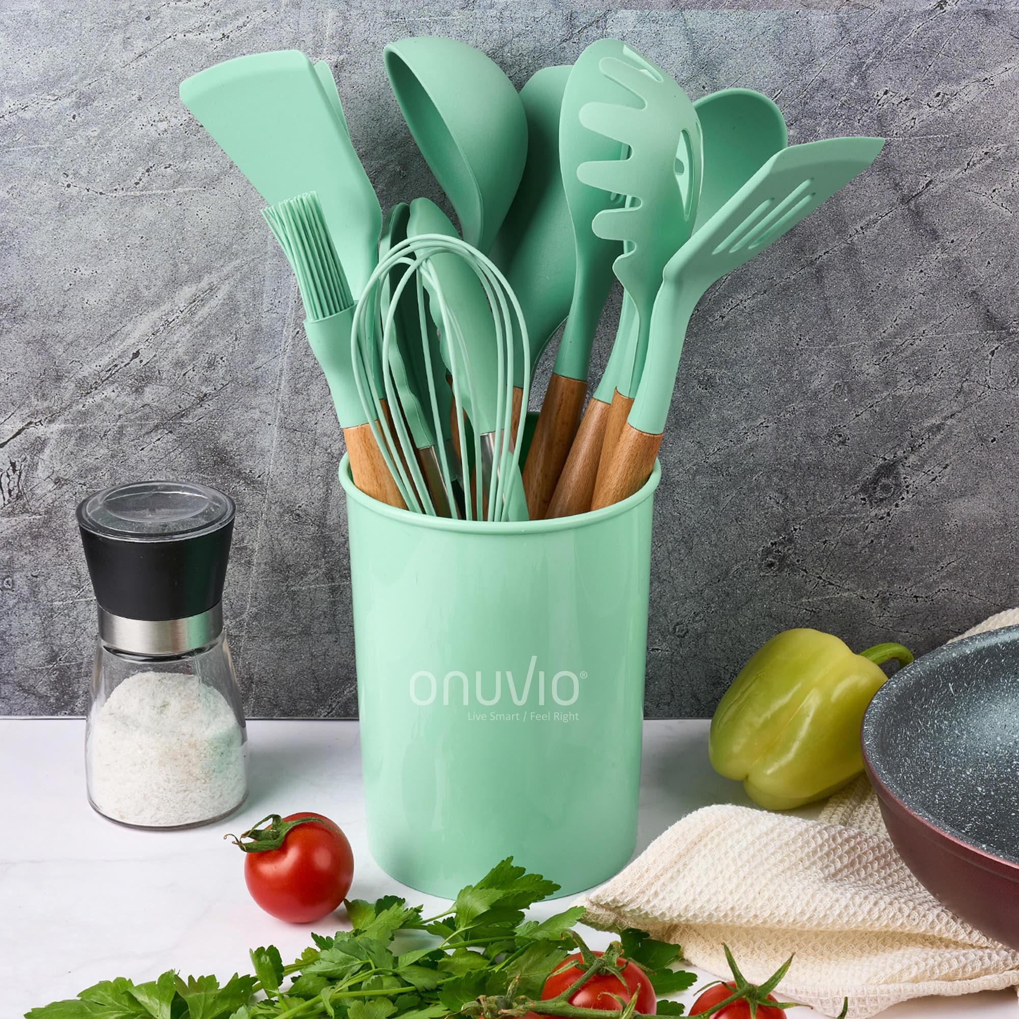Set ustensile bucatarie 12 piese marime mare xl 1050g, lemn si silicon alimentar, termorezistente, antiaderente, suport blat,  onuvio™ daria - verde menta