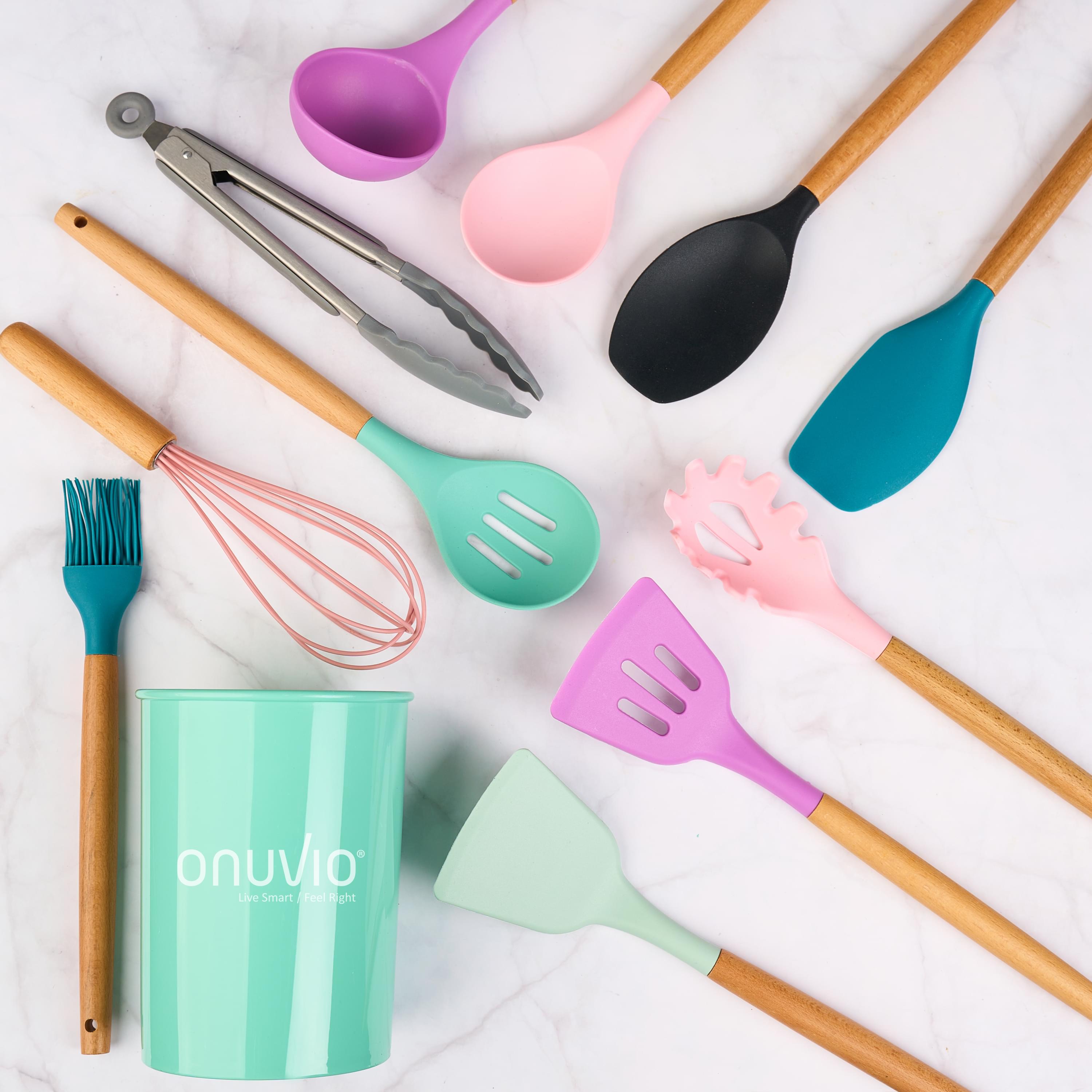 Set ustensile bucatarie 12 piese marime mare xl 1050g, lemn si silicon alimentar, termorezistente, antiaderente, suport blat,  onuvio™ daria - multicolor