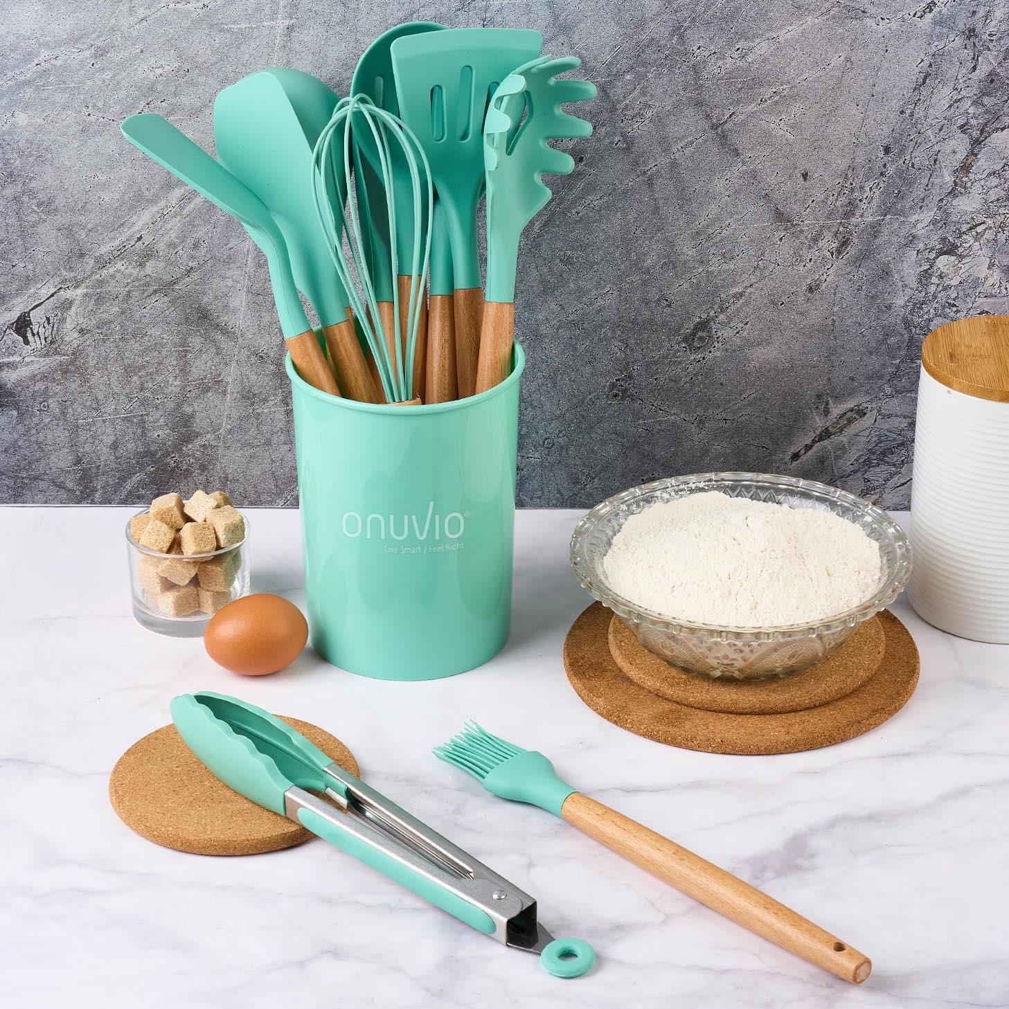 Set ustensile bucatarie 12 piese marime mare xl 1050g, lemn si silicon alimentar, termorezistente, antiaderente, suport blat,  onuvio™ daria - turcoaz