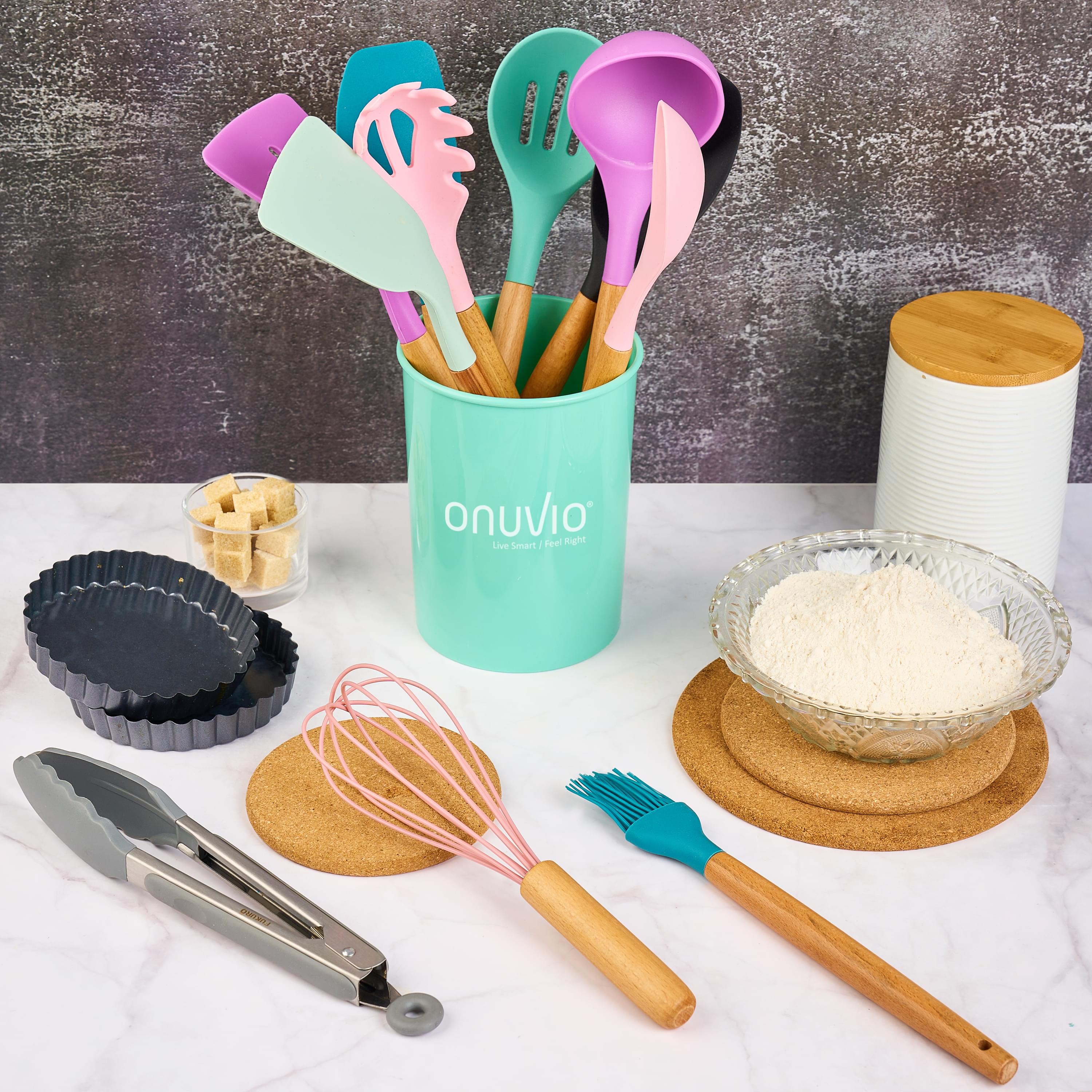 Set ustensile bucatarie 12 piese marime mare xl 1050g, lemn si silicon alimentar, termorezistente, antiaderente, suport blat,  onuvio™ daria - multicolor