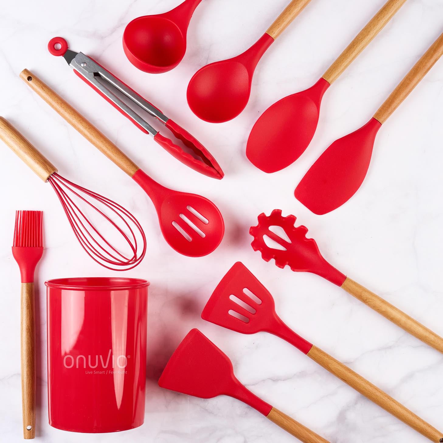 Set ustensile bucatarie 12 piese marime mare xl 1050g, lemn si silicon alimentar, termorezistente, antiaderente, suport blat,  onuvio™ daria - rosu