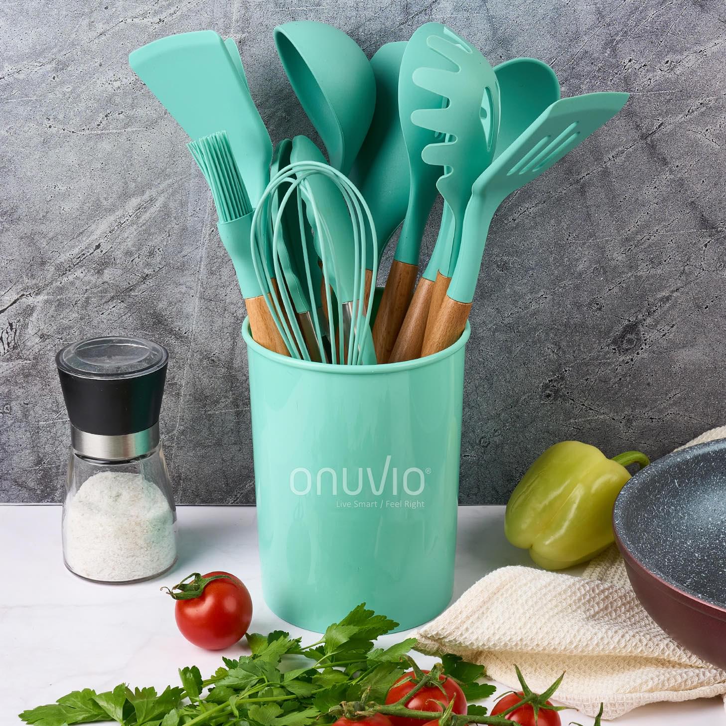 Set ustensile bucatarie 12 piese marime mare xl 1050g, lemn si silicon alimentar, termorezistente, antiaderente, suport blat,  onuvio™ daria - turcoaz