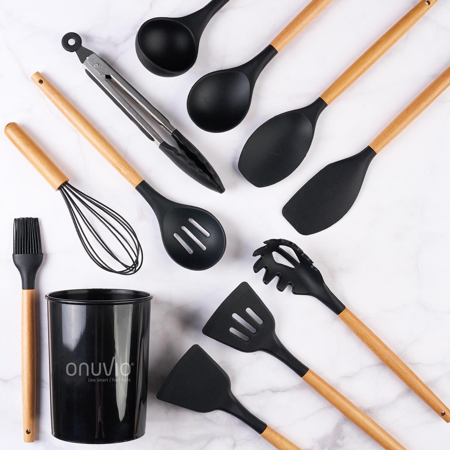 Set ustensile bucatarie 12 piese marime mare xl 1050g, lemn si silicon alimentar, termorezistente, antiaderente, suport blat,  onuvio™ daria - negru