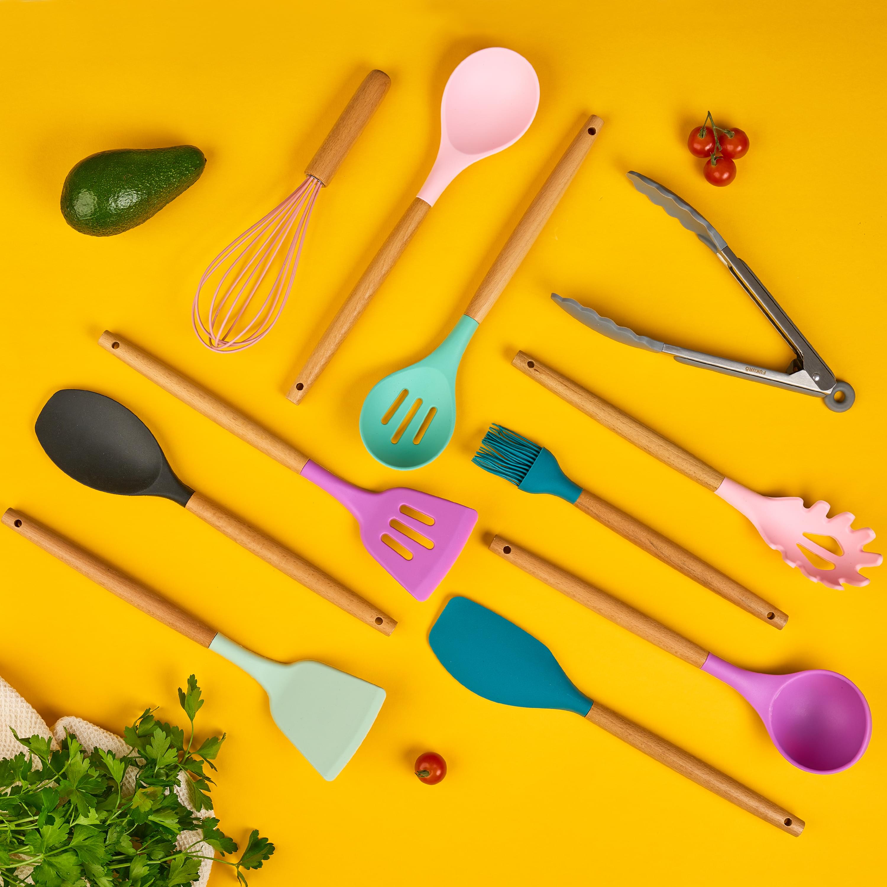 Set ustensile bucatarie 12 piese marime mare xl 1050g, lemn si silicon alimentar, termorezistente, antiaderente, suport blat,  onuvio™ daria - multicolor