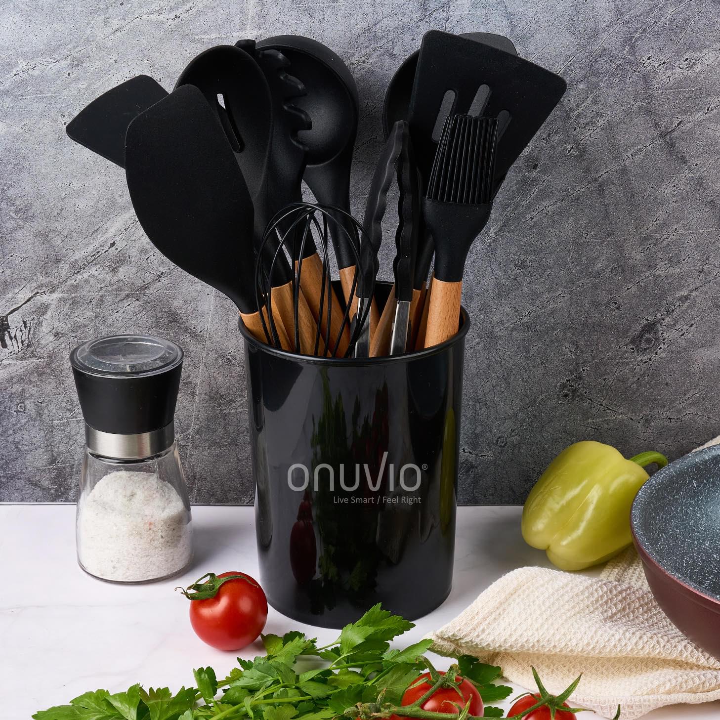 Set ustensile bucatarie 12 piese marime mare xl 1050g, lemn si silicon alimentar, termorezistente, antiaderente, suport blat,  onuvio™ daria - negru