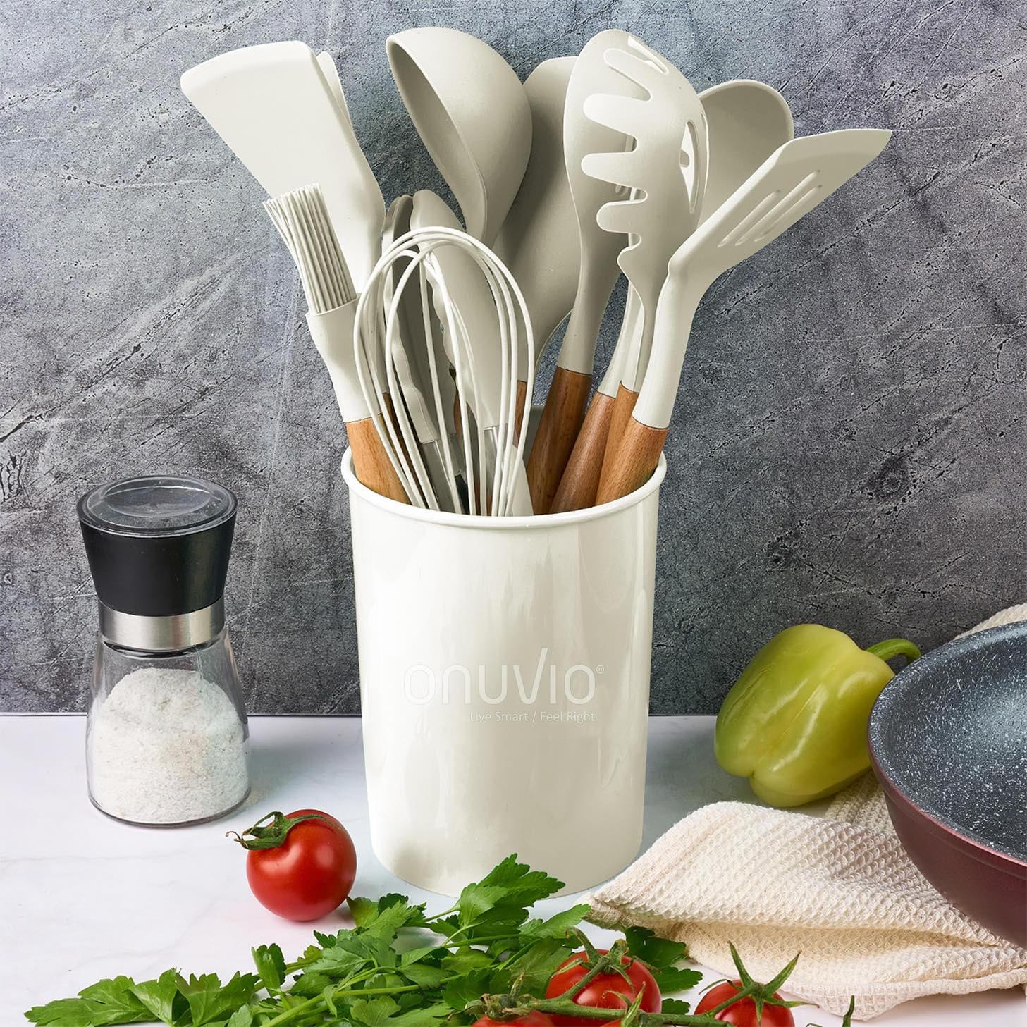 Set ustensile bucatarie 12 piese marime mare xl 1050g, lemn si silicon alimentar, termorezistente, antiaderente, suport blat,  onuvio™ daria - alb