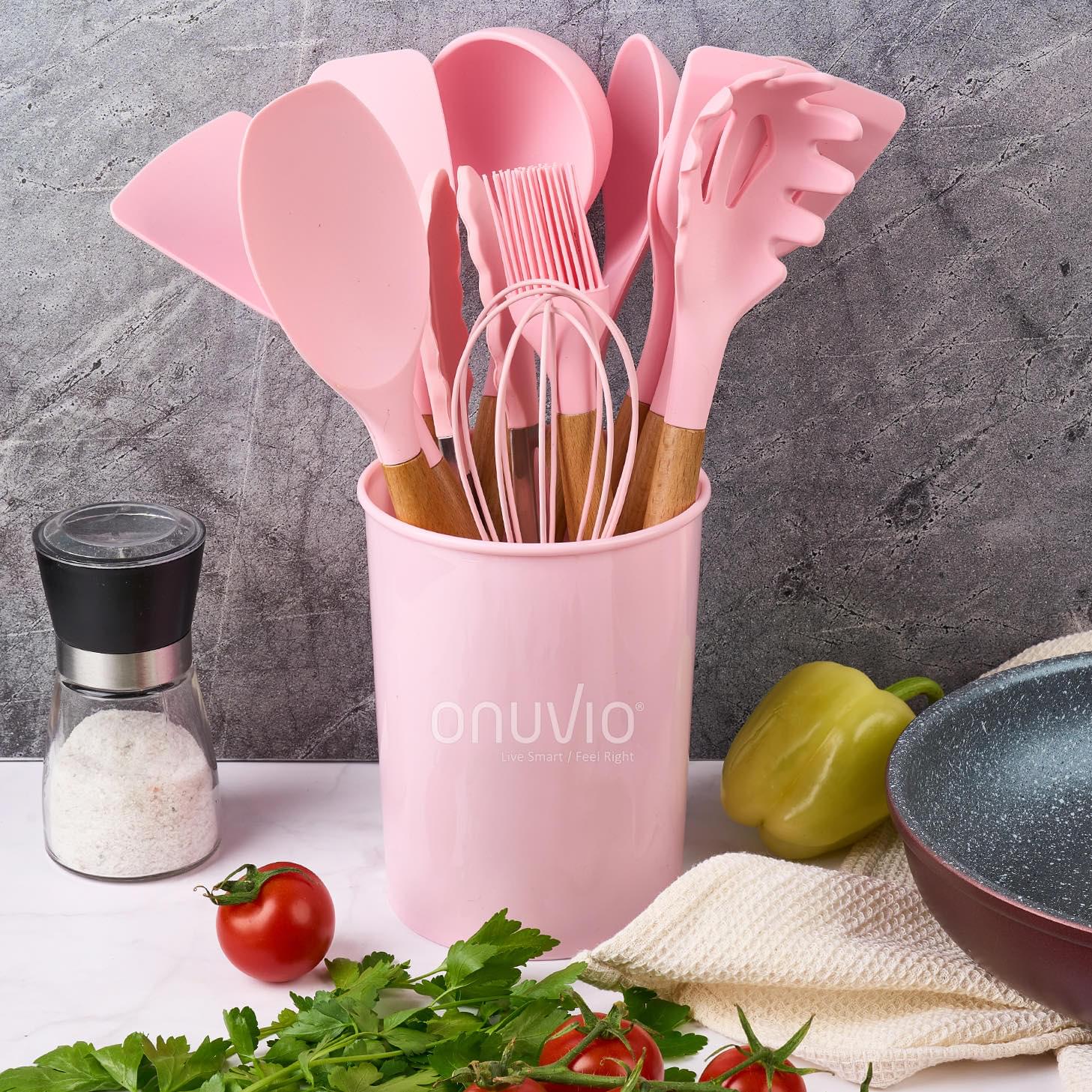 Set ustensile bucatarie 12 piese marime mare xl 1050g, lemn si silicon alimentar, termorezistente, antiaderente, suport blat,  onuvio™ daria - roz