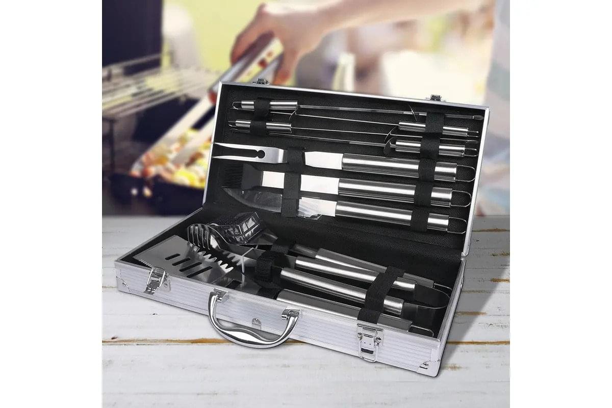 Set ustensile pentru gratar onuvio® 11 piese inox, geanta de transport si termometru digital 
