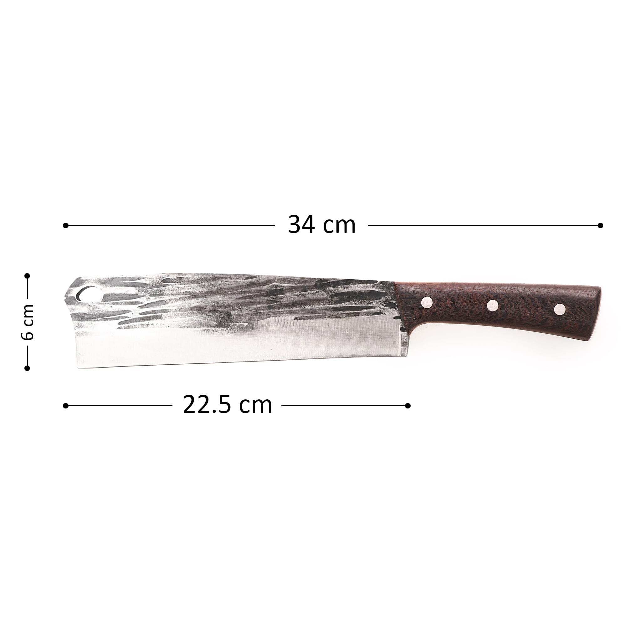 Cutit profesional tip satar outdoor, onuvio®,  full tang, universal, pentru oase, feliat, tranșat, tocat, otel carbon, lama forjata, 340mm, husa inclusa, maro inchis