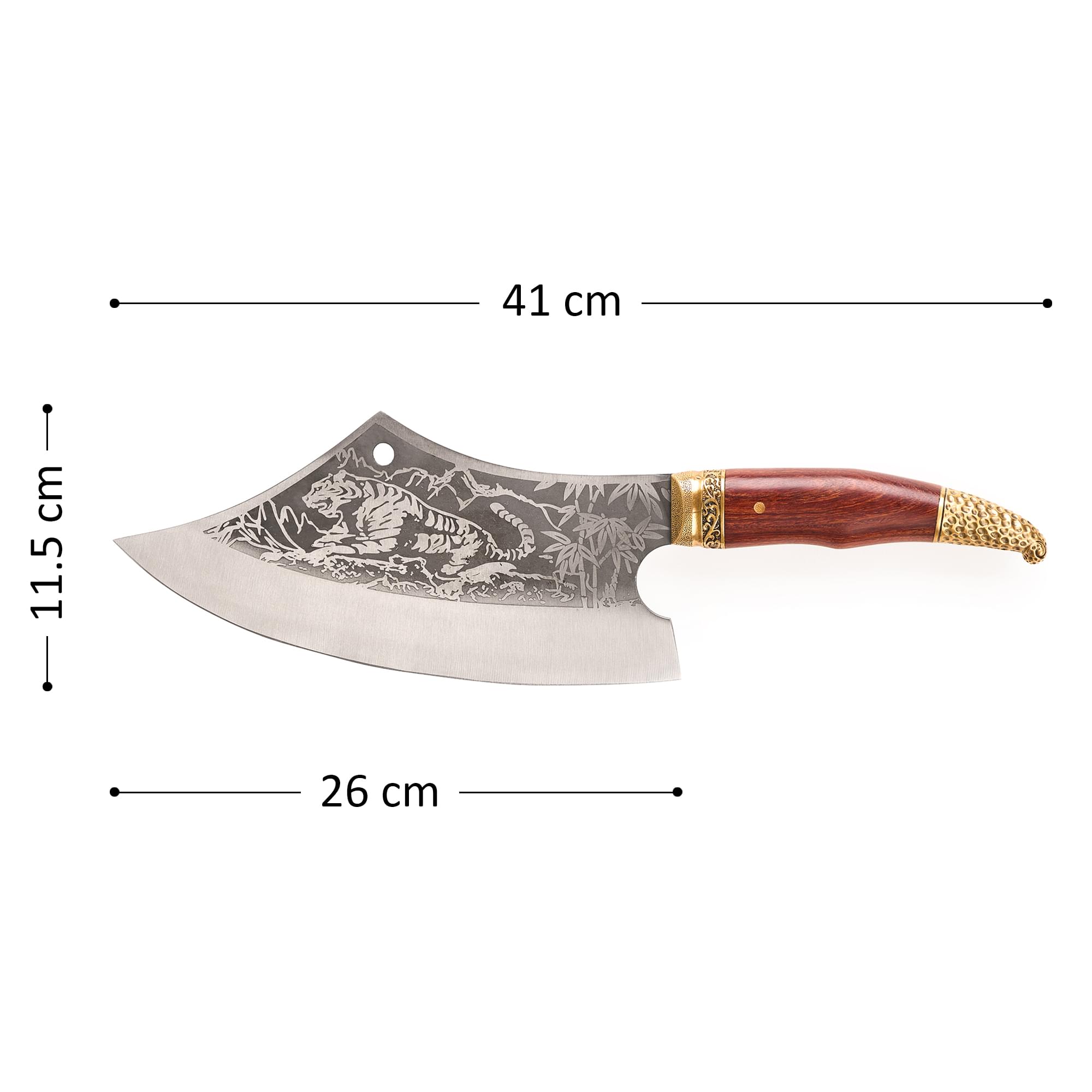 Satar profesional tiger onuvio®,  full tang, universal, pentru oase, feliat, tranșat, tocat, otel carbon, lama forjata, 410mm, lemn trandafir, insertii alama, husa inclusa, maro 