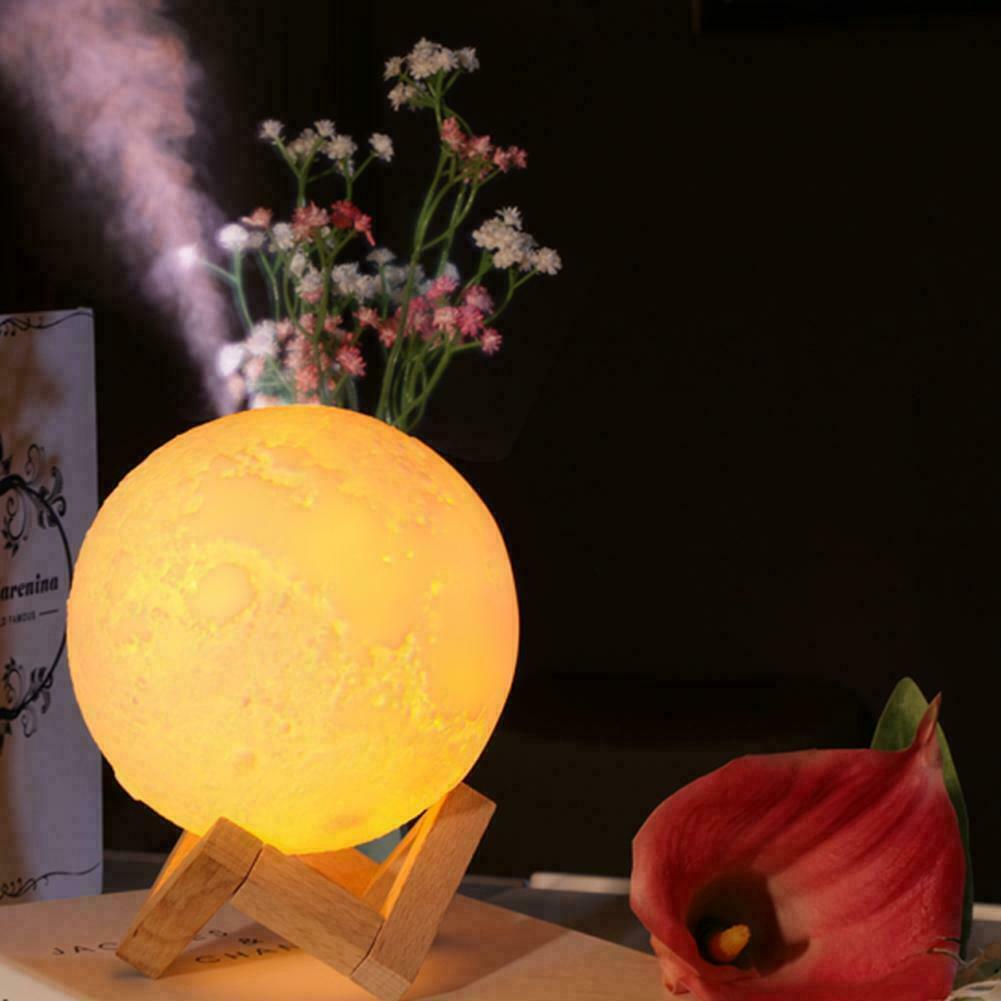 Umidificator aromaterapie cu lampa de veghe, luna onuvio®  moon 3d cu acumulator, fara fir, 880 ml, 13 cm, lumina 3 culori,  stand lemn, extra filtru si ulei esential 10ml