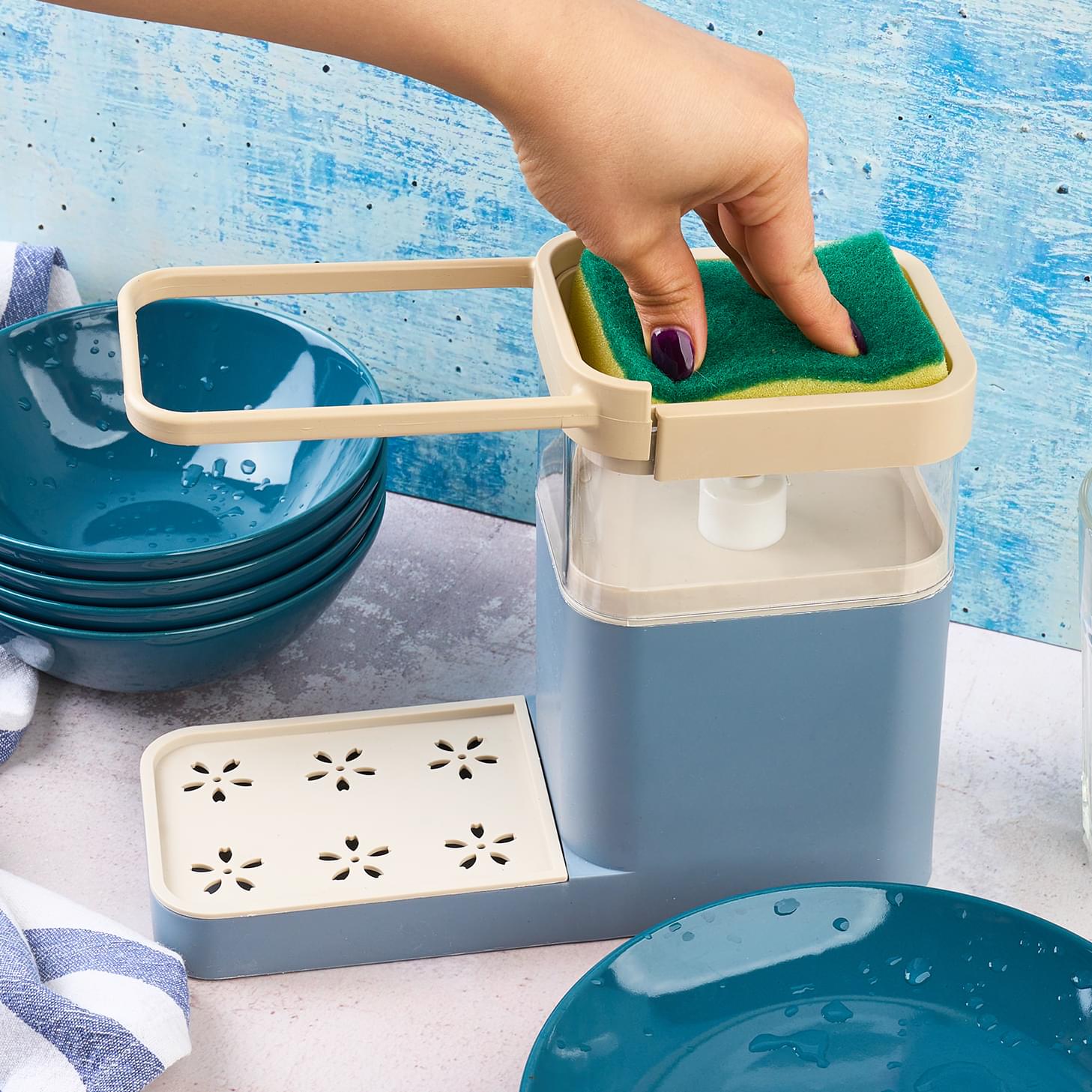 Suport bucatarie multifunctional pentru detergent vase, burete, laveta si accesorii curatenie vase de bucatarie, pentru chiuveta, onuvio™ - albastru