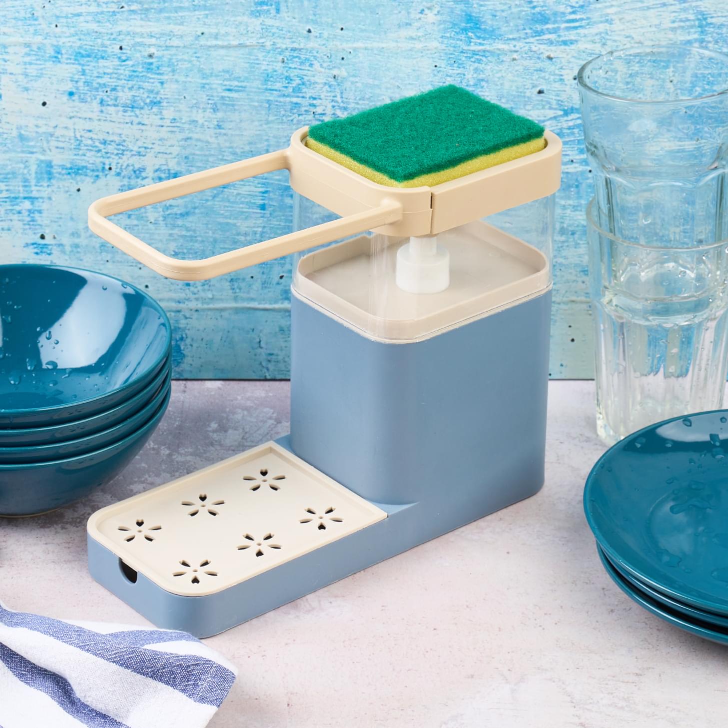 Suport bucatarie multifunctional pentru detergent vase, burete, laveta si accesorii curatenie vase de bucatarie, pentru chiuveta, onuvio™ - albastru