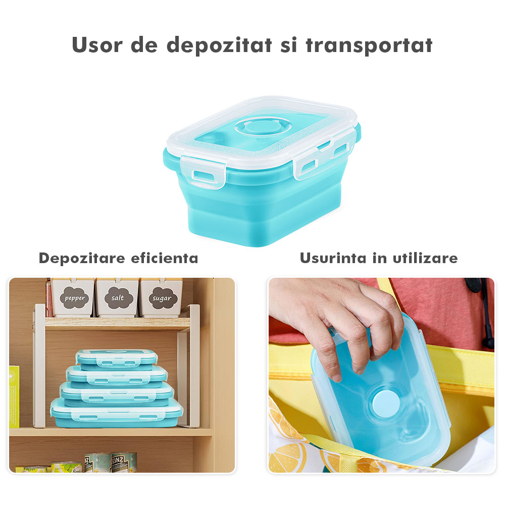 Set 4 caserole pliabile extensibile dreptunghiulare onuvio® din silicon alimentar cu capac - 350 ml, 500 ml, 800 ml, 1200 ml, rezistente de la -40 la 200°c, pentru păstrat, Încălzit și transportat hrana - turcoaz